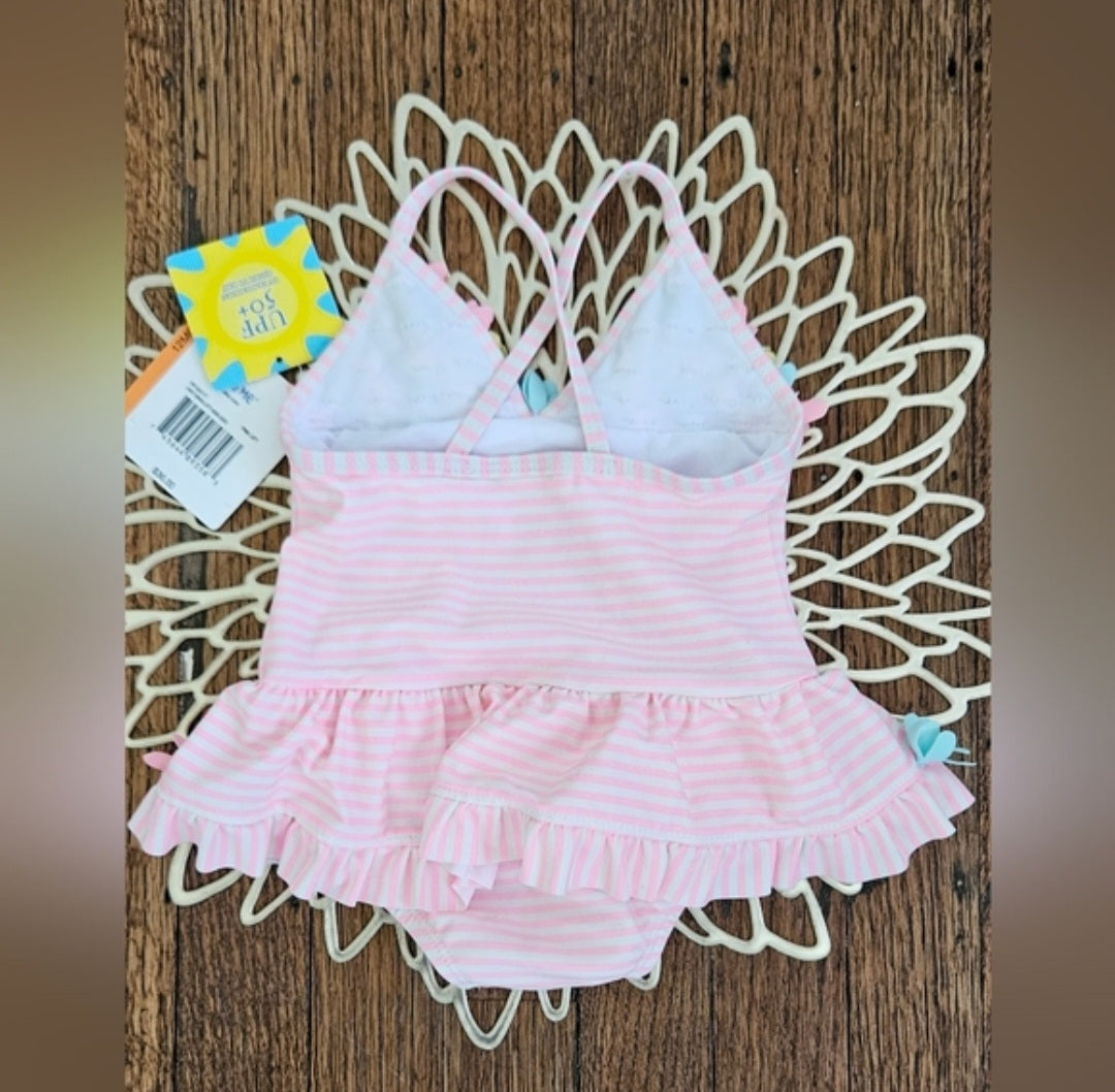 🌸 Little Me Pink & White Striped Floral Swimsuit – 12 Months 🌸
