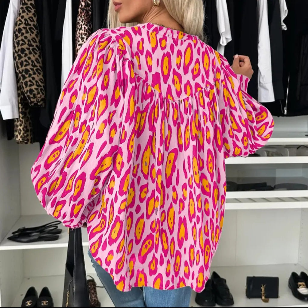 Lovesoft Rose Red Oversized Leopard Print Balloon Sleeve Casual Shirt Sz Sm