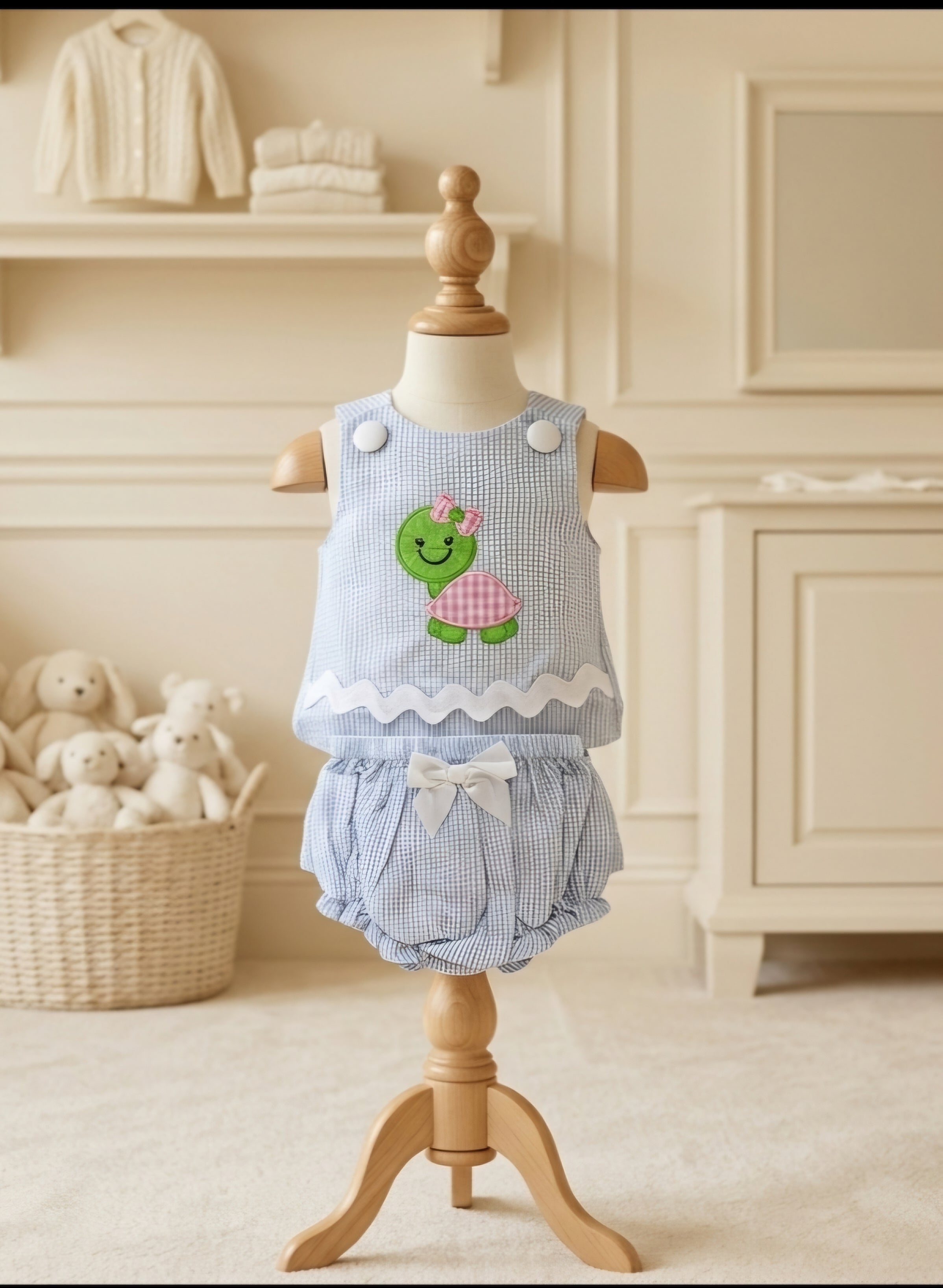 Lil Cactus Blue & White Seersucker Turtle Appliqué 2-Piece Set | Size 6-12M