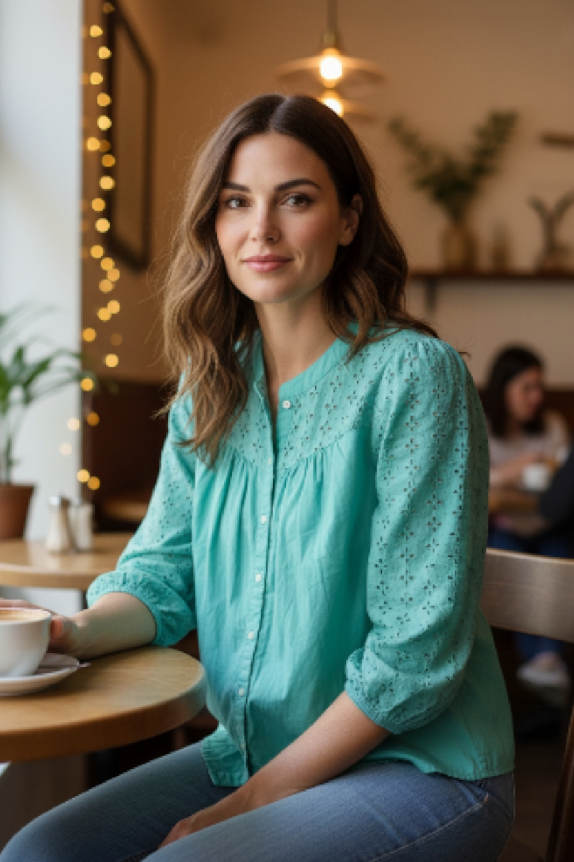 J.Crew Mint Green Laser Cut Out Button Up Top Size Small
