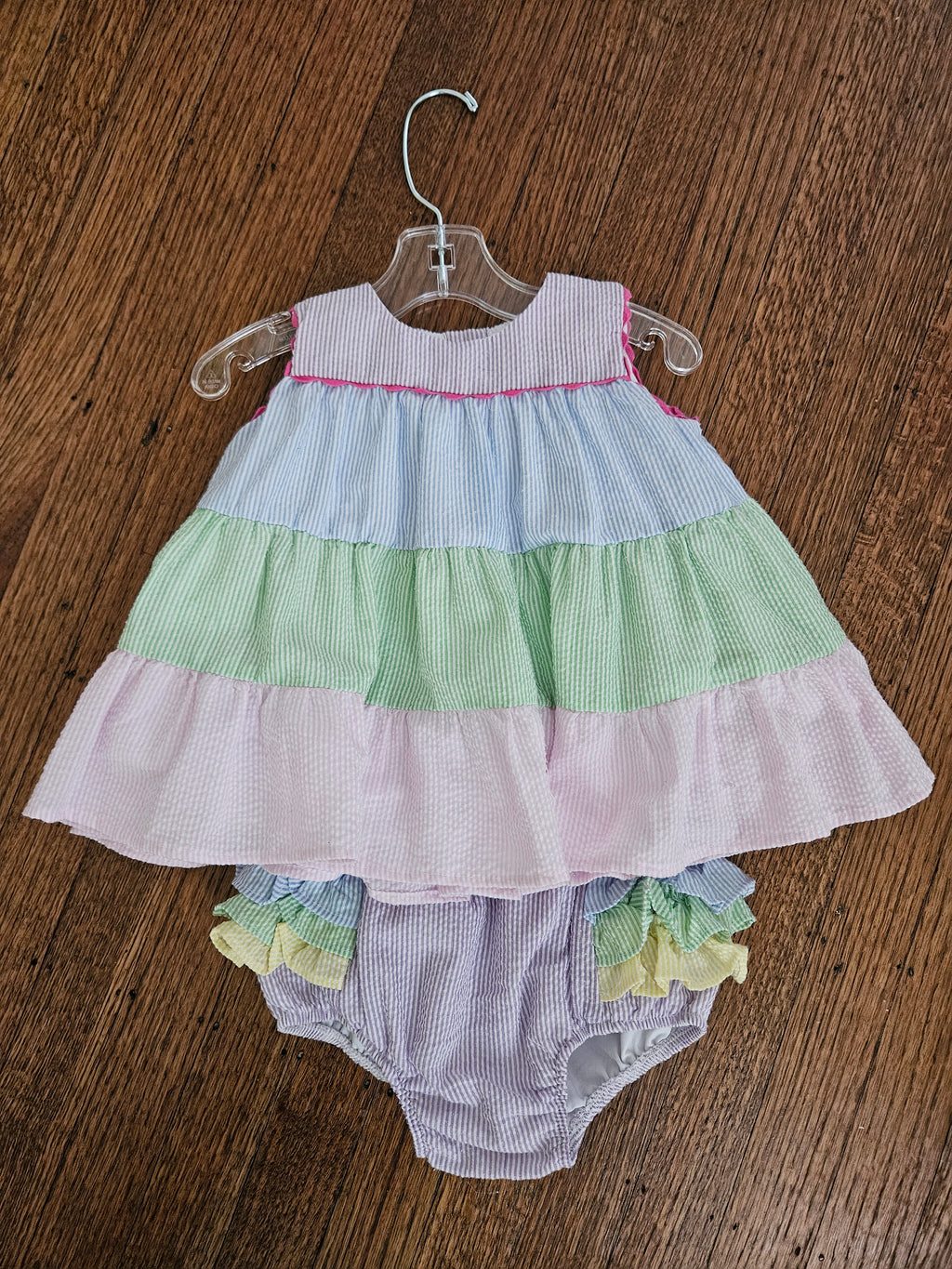 The Yellow Lamb Pastel Seersucker 2pc Set Ruffle Bloomers Sz 24M 💕