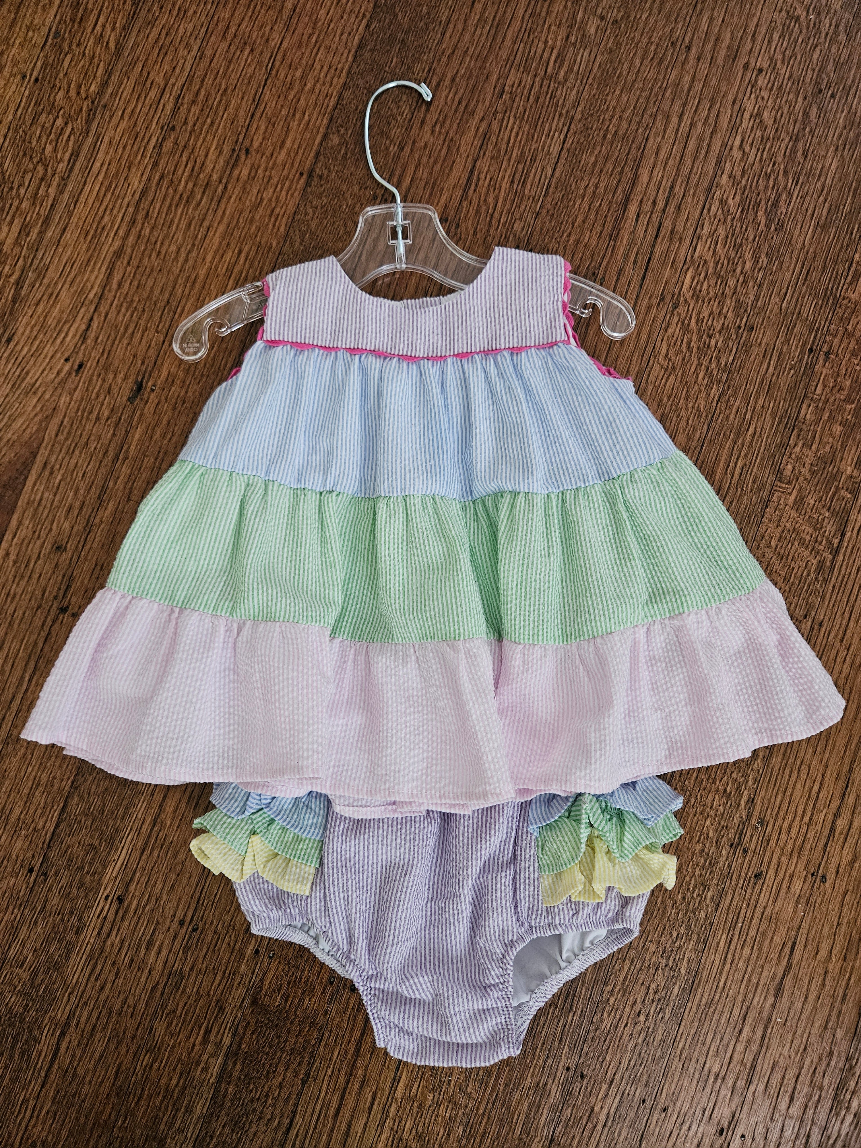 The Yellow Lamb Pastel Seersucker 2pc Set Ruffle Bloomers Sz 24M 💕