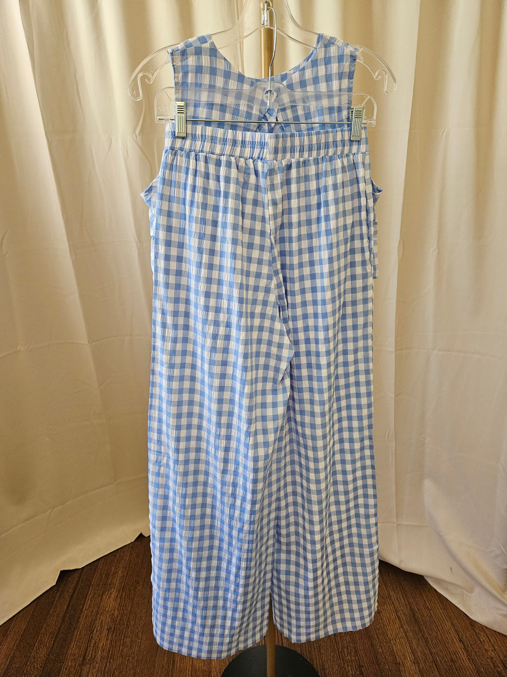 Blue & White Gingham 2-Piece Set | Open Back Top & Wide Leg Pants