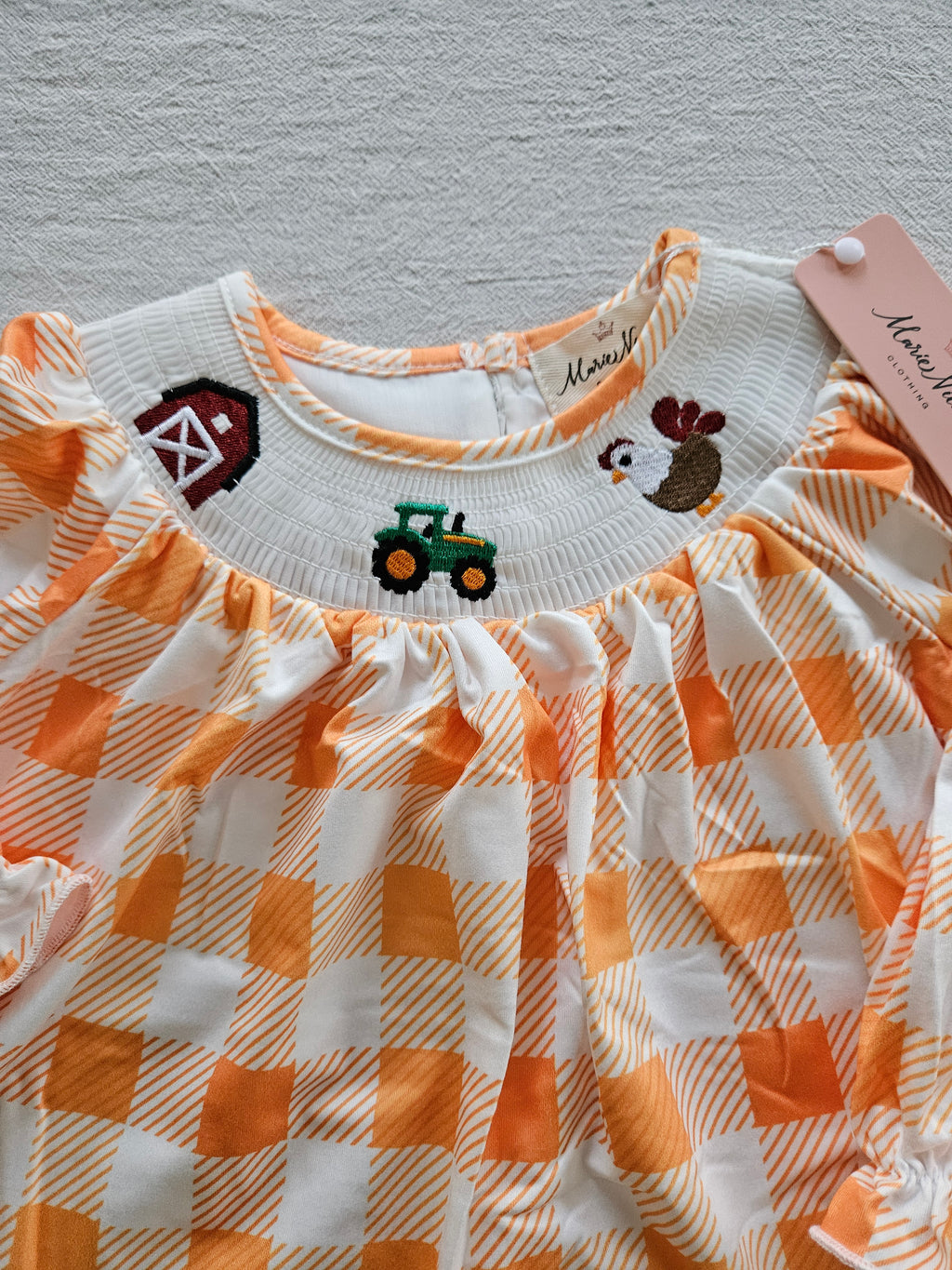 Marie Nicole Orange Checkered Kids Smocked Farm Dress Sz 12-18M