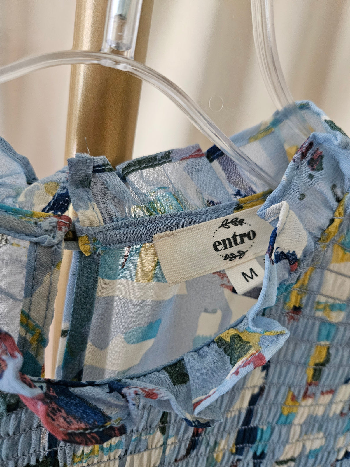 Entro Light Blue Abstract Print Smocked Tiered Dress Size Medium