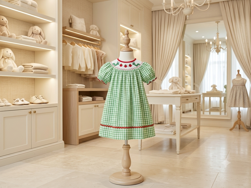 Rylee Faith Designs Smocked Bookworm Bishop Dress Green Gingham Girls