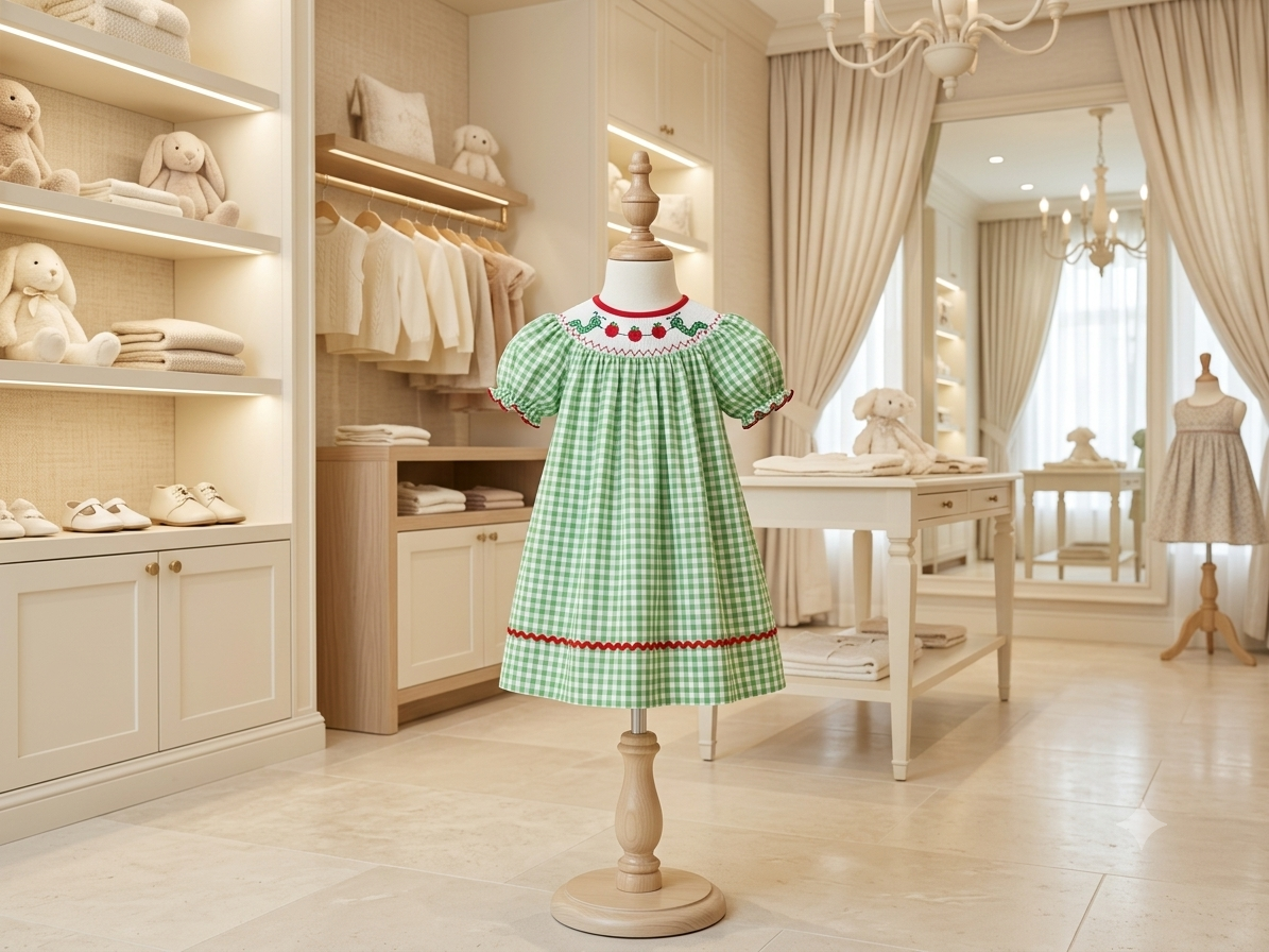 Rylee Faith Designs Smocked Bookworm Bishop Dress Green Gingham Girls
