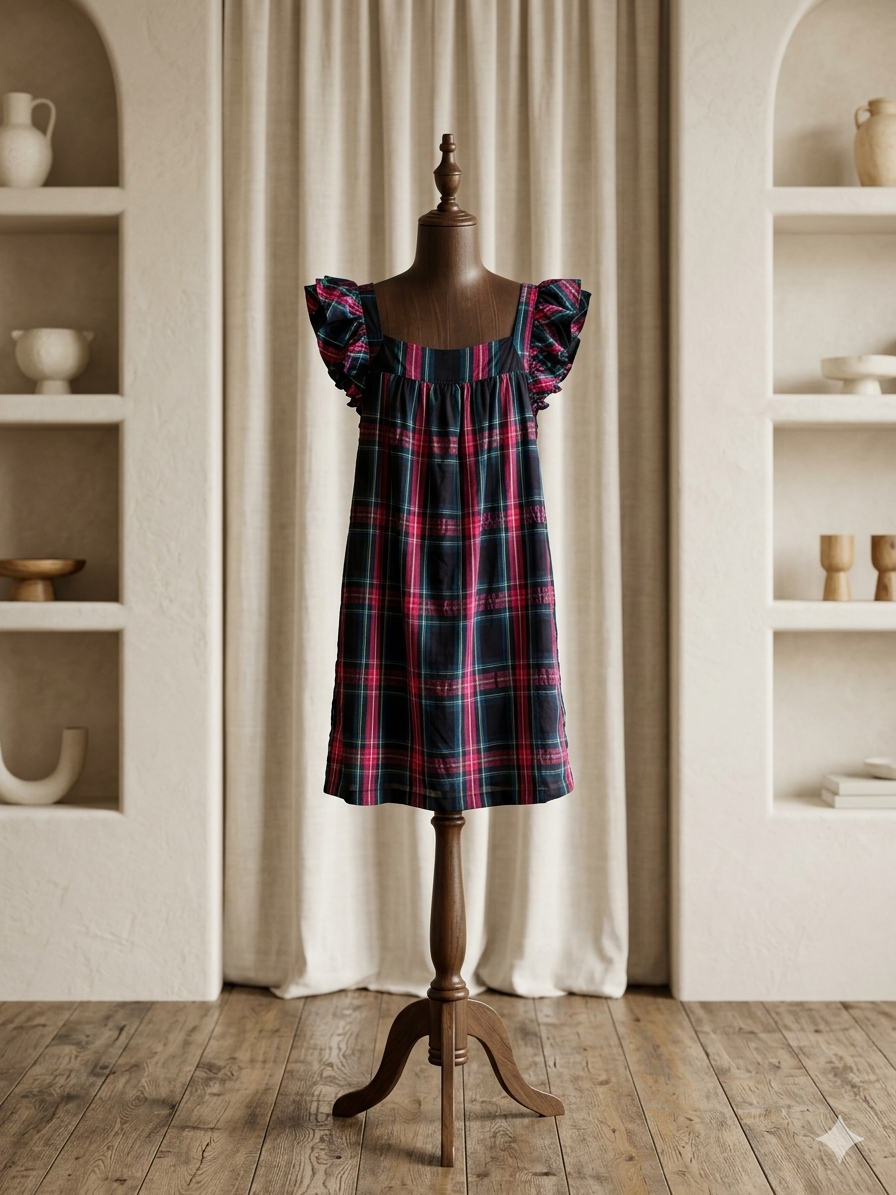 Vineyard Vines Girls Plaid Flutter Sleeve Dress