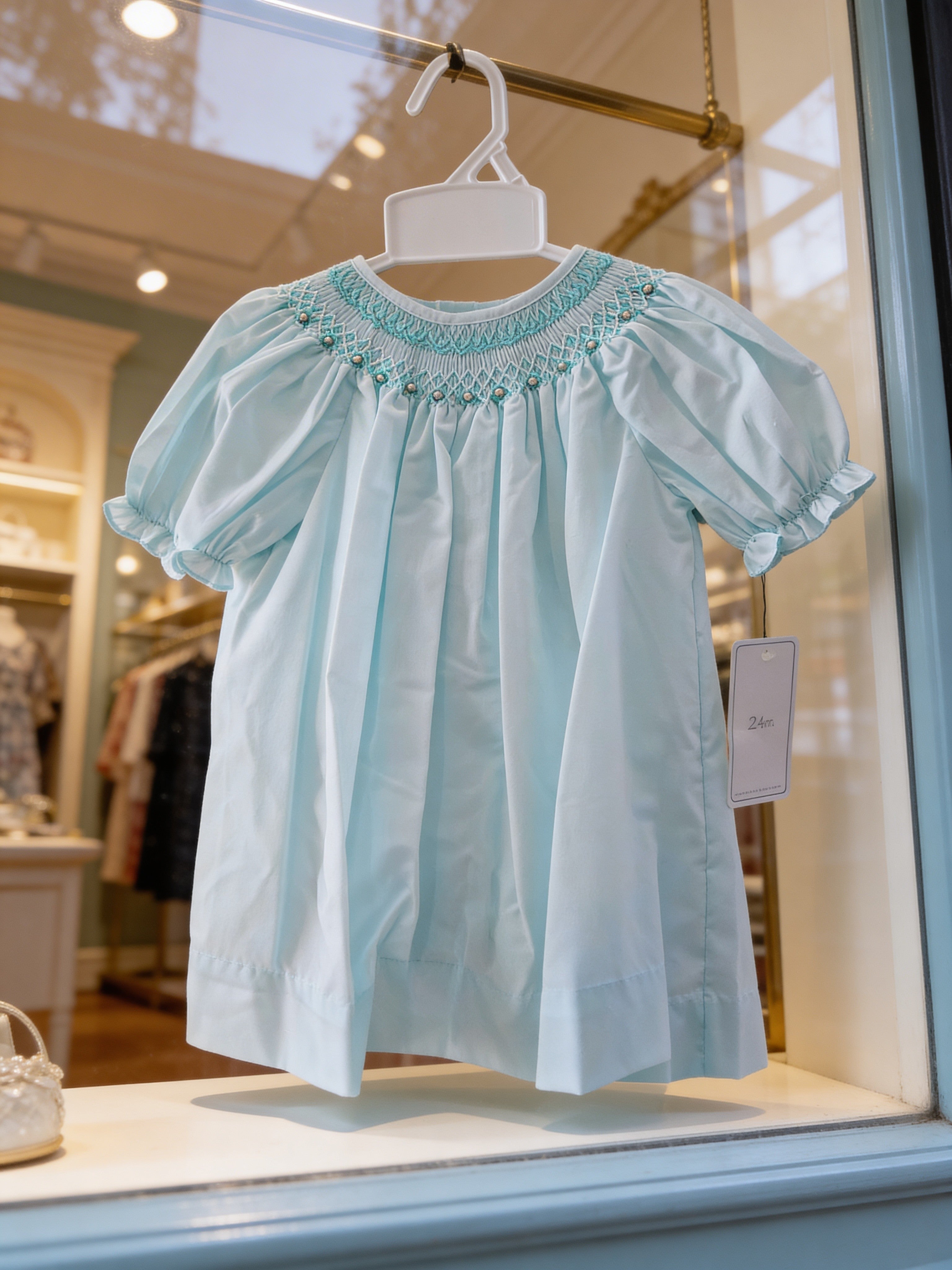 Petit Ami Mint Bishop Smocked Heirloom Dress