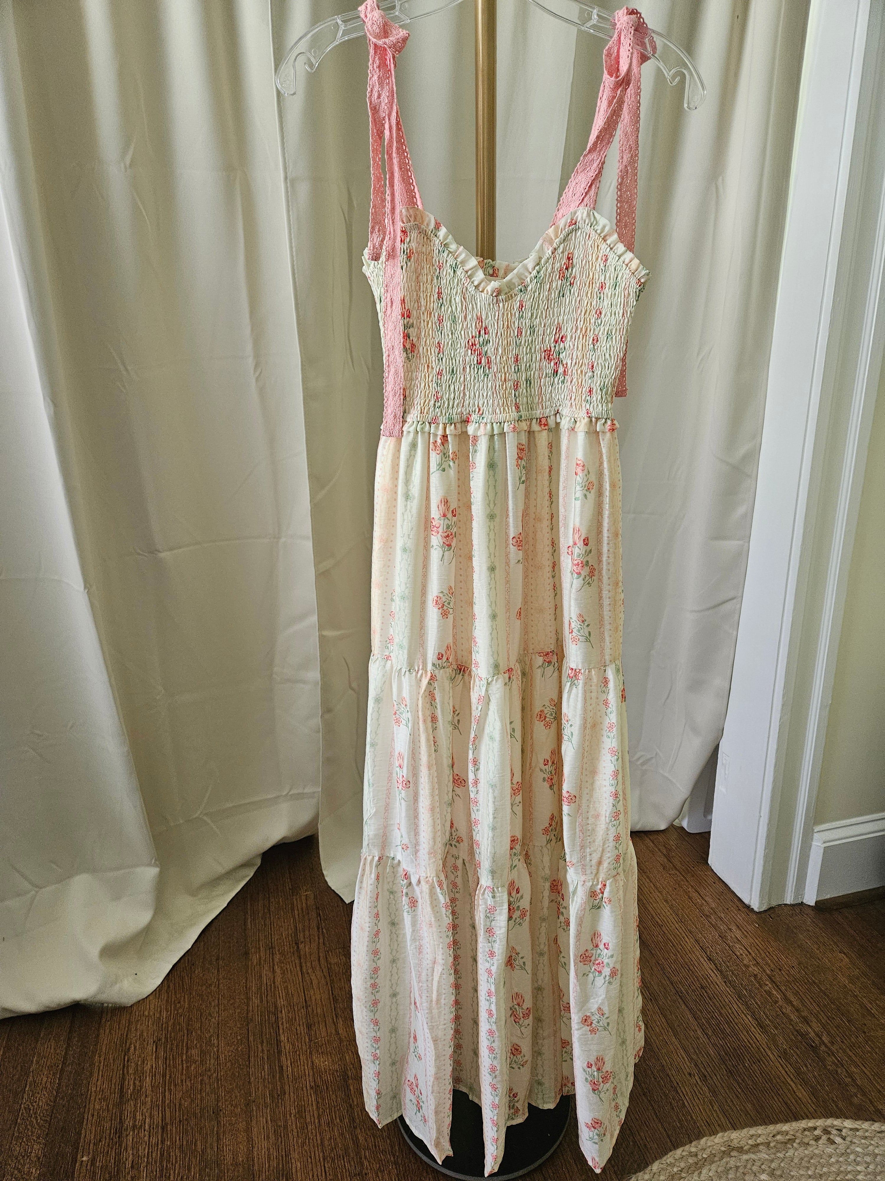 J.NNA Rose Stripe Smocked Maxi Dress Cottagecore Romantic