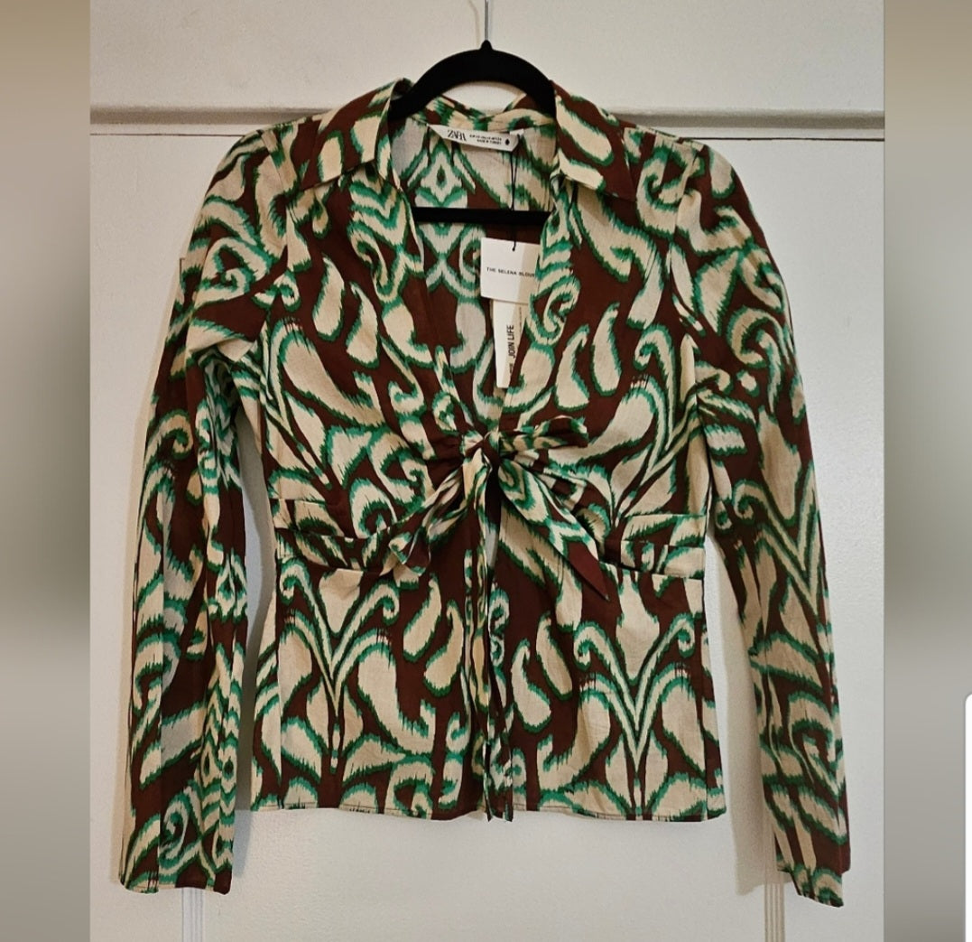 NWT Zara Selena Blouse Open Front With Tie Size XS