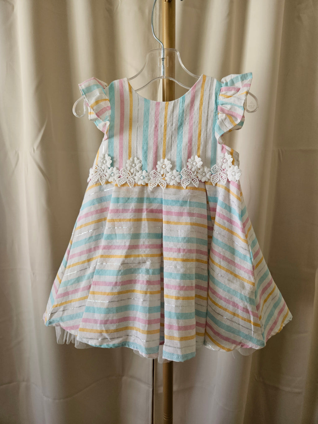 Rare Editions Pastel Striped Linen-Look Dress w/ Bow & Bloomers (24M)
