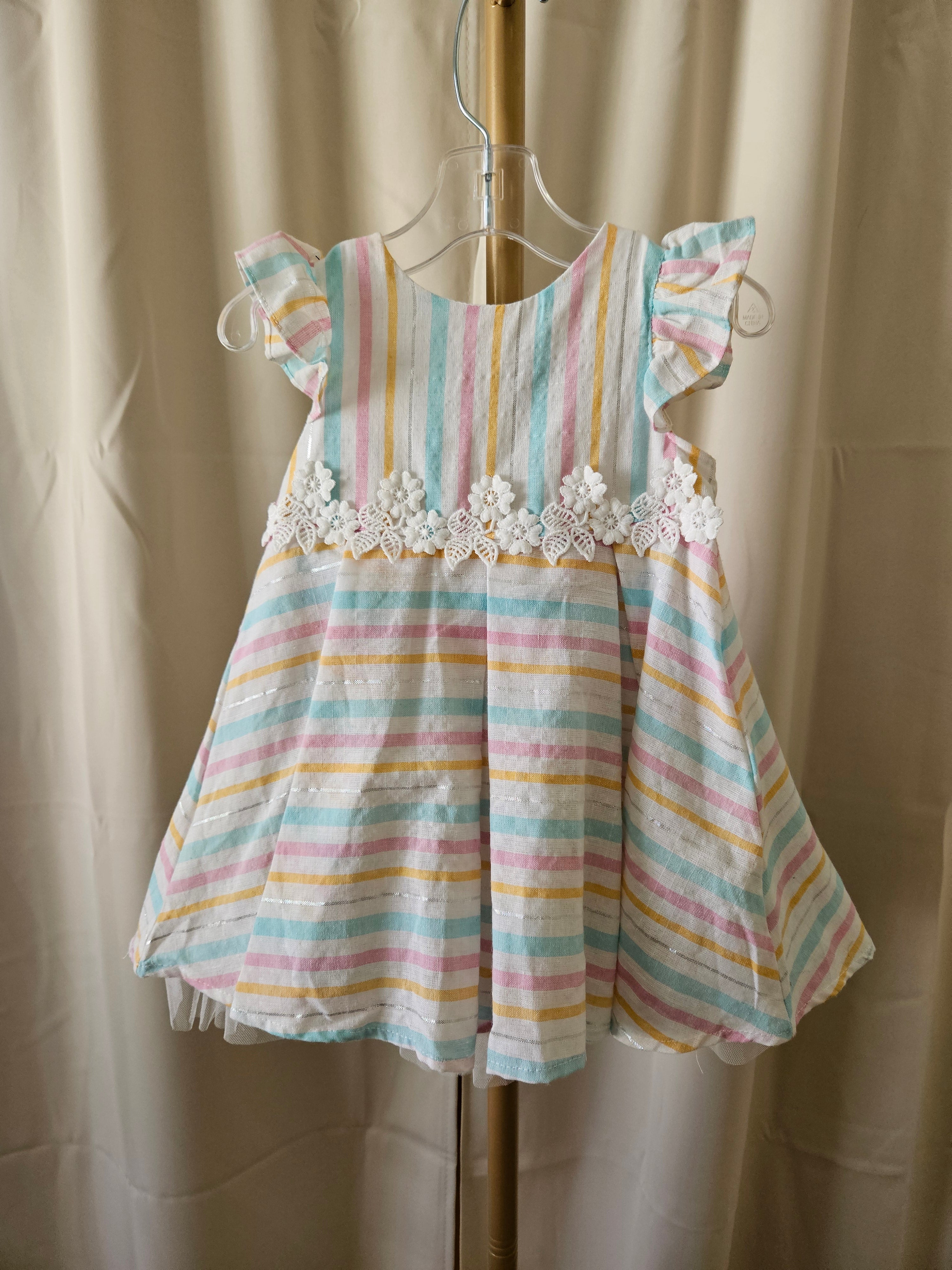 Rare Editions Pastel Striped Linen-Look Dress w/ Bow & Bloomers (24M)