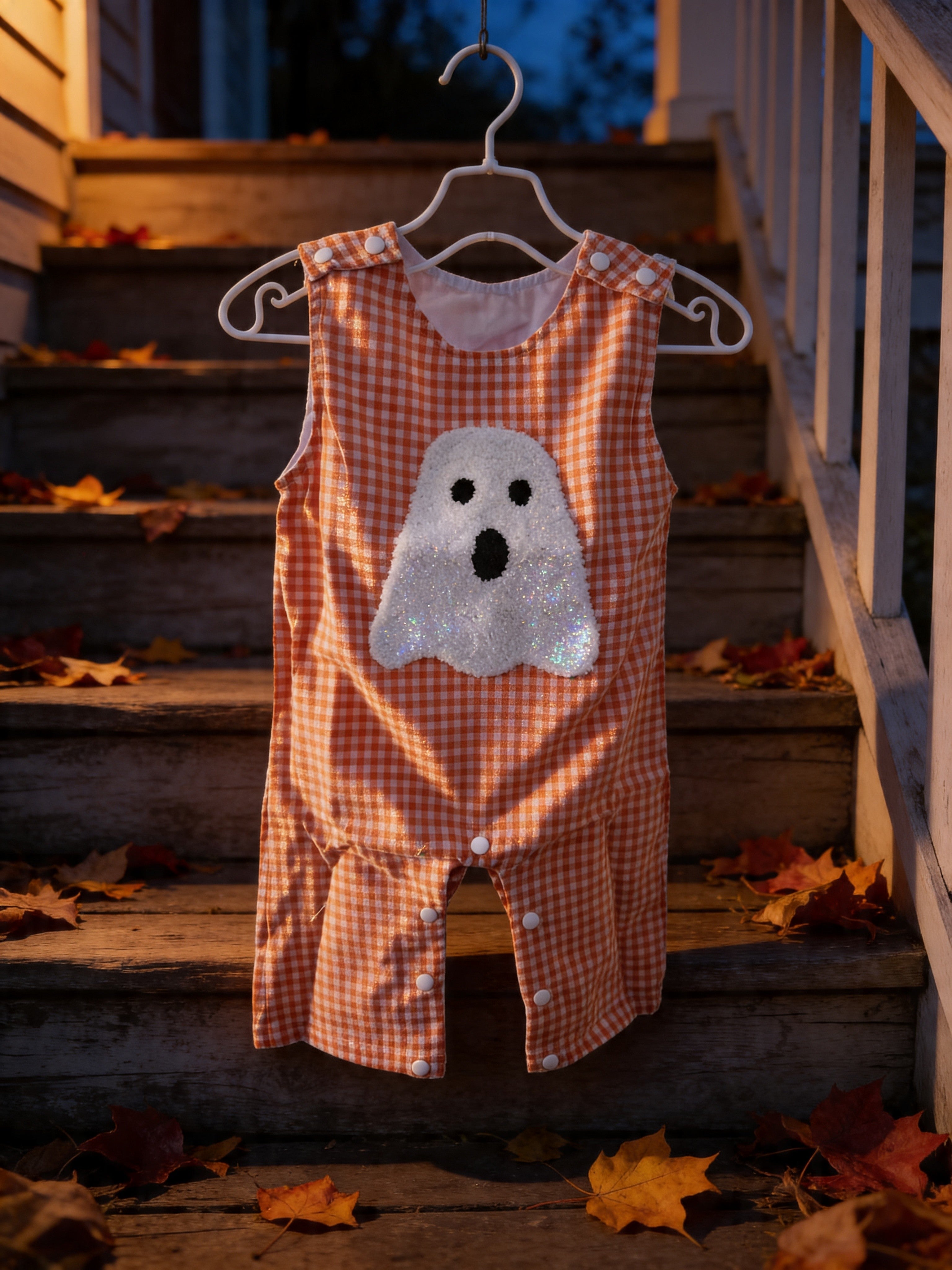 Unishe Orange Gingham Ghost Appliqué Jon Jon 3D Fuzzy Halloween Bubble 🎃👻