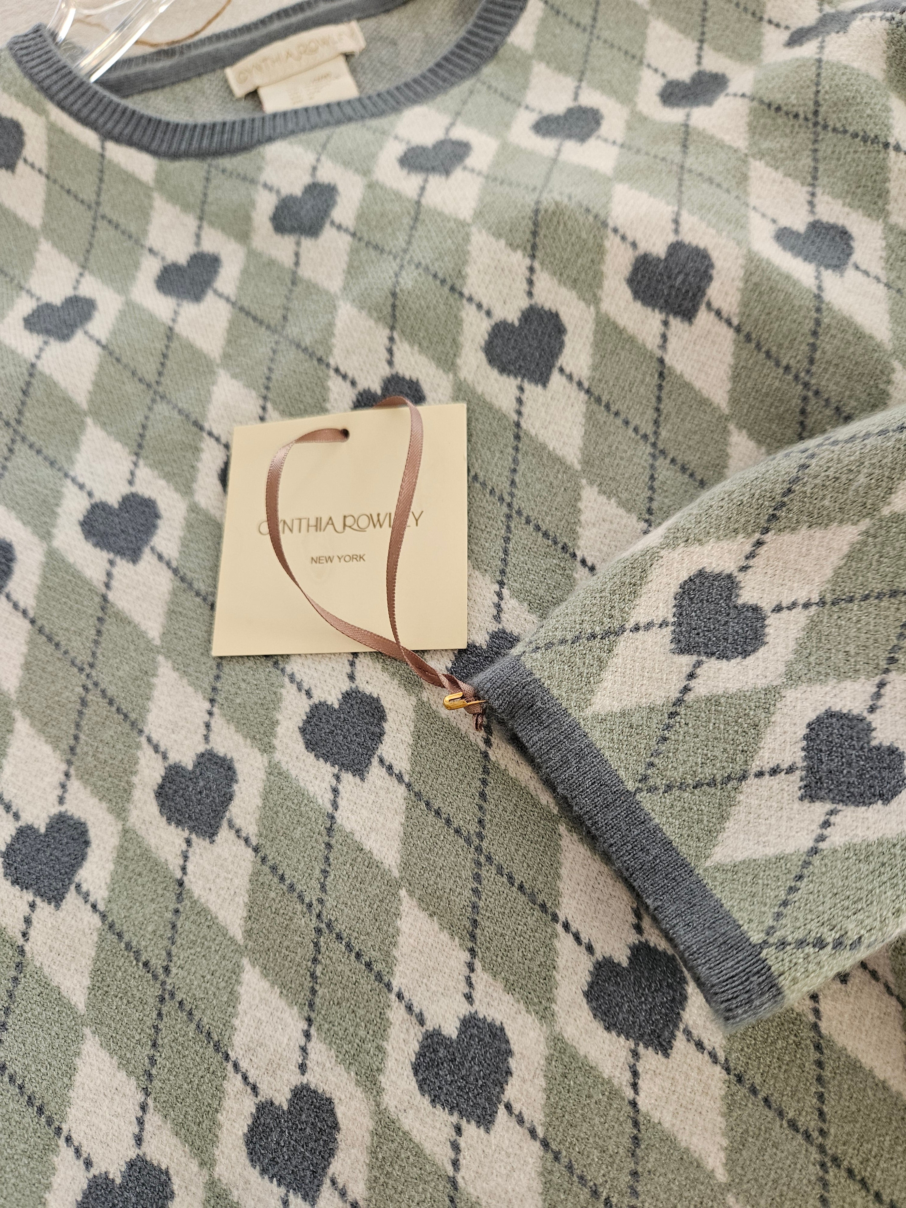 NWT Cynthia Rowley Girl's Green and Blue Heart Pattern Sweater Dress Sz 7/8