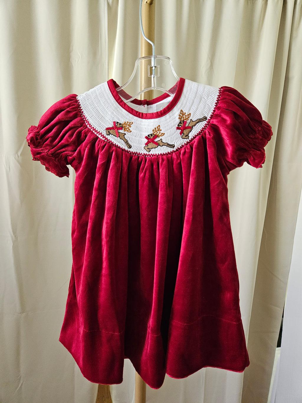 Lil Cactus Smocked Reindeer Red Velvet Dress with Matching Bows |