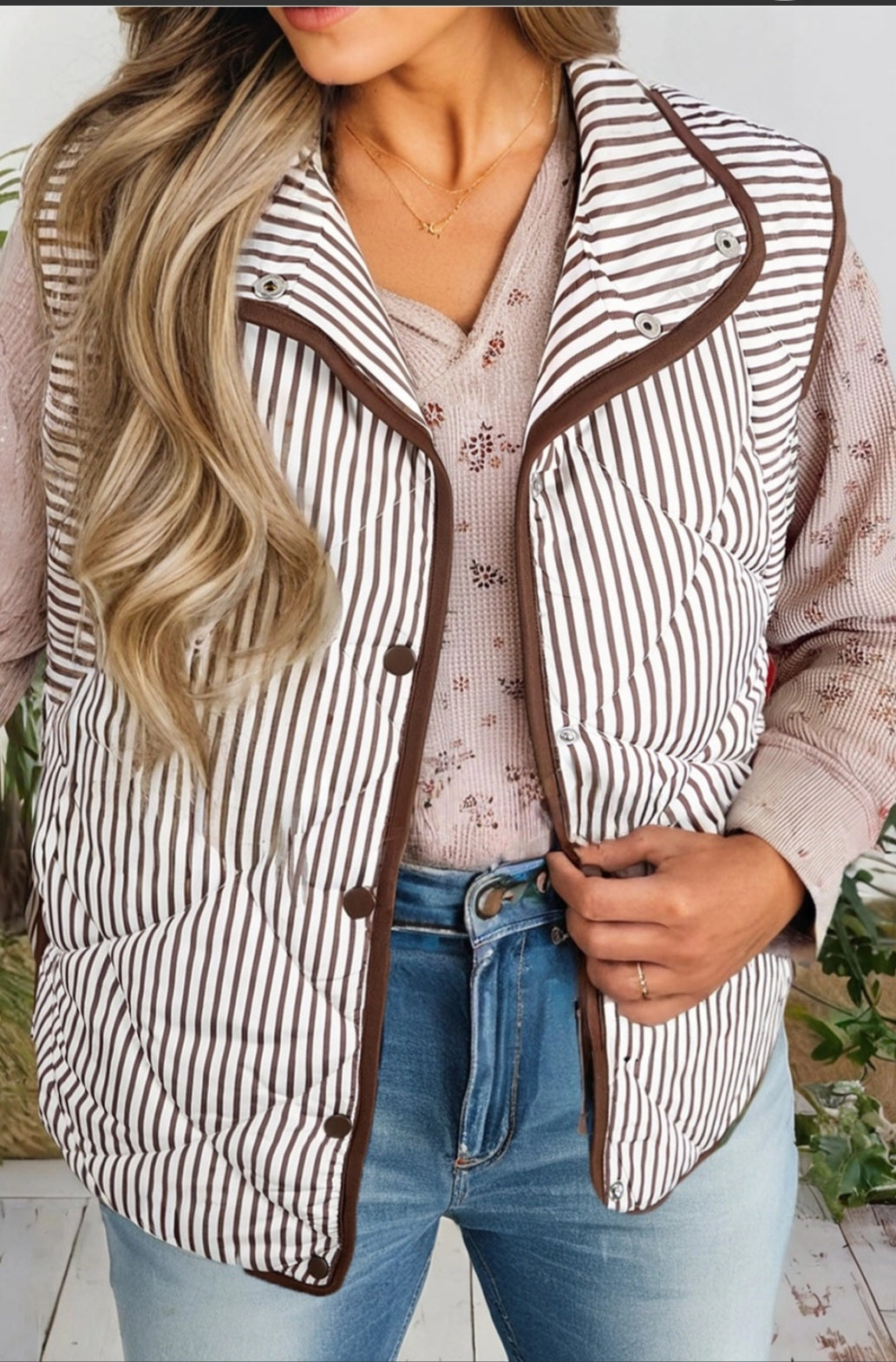 Striped Quilted Contrast Trim Button Vest