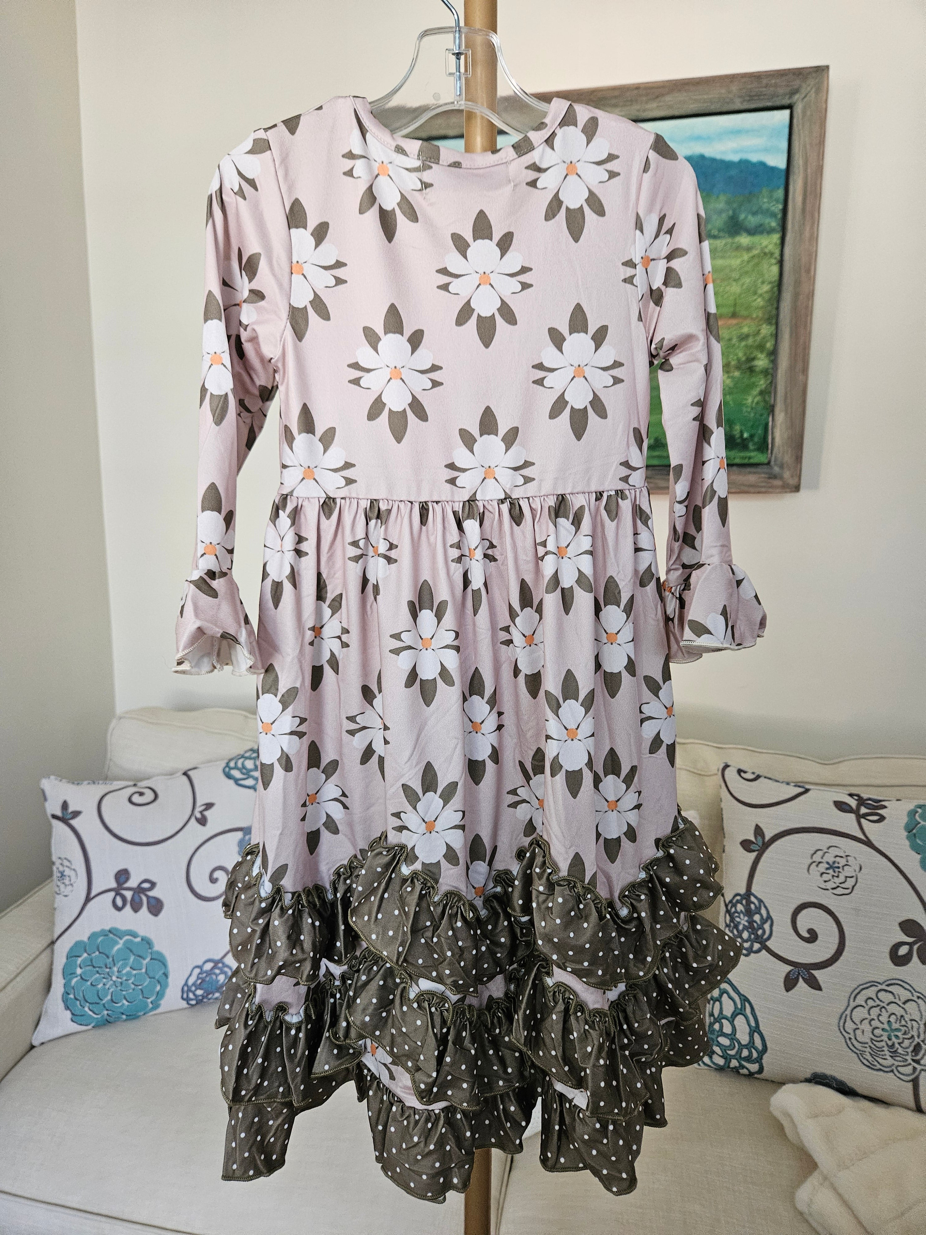 Adorable Sweetness Sage Polk A Dot And Flower 3 Ruffle Dress