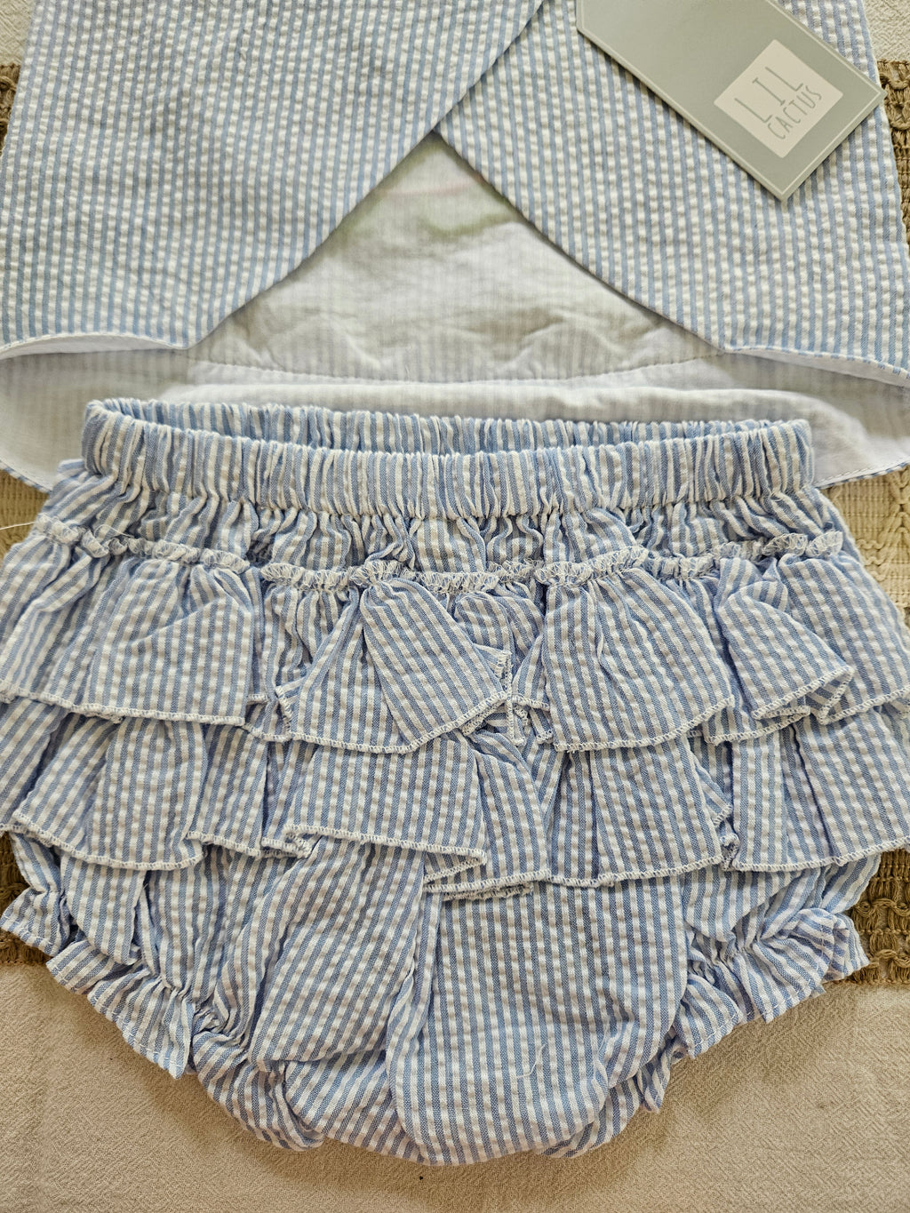 Lil Cactus Blue & White Seersucker Turtle Appliqué 2-Piece Set | Size 6-12M