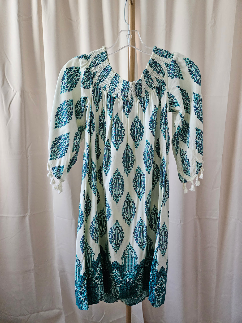 Love Fire Turquoise & Cream Boho Smocked Mini Dress Tassel Sleeves XS