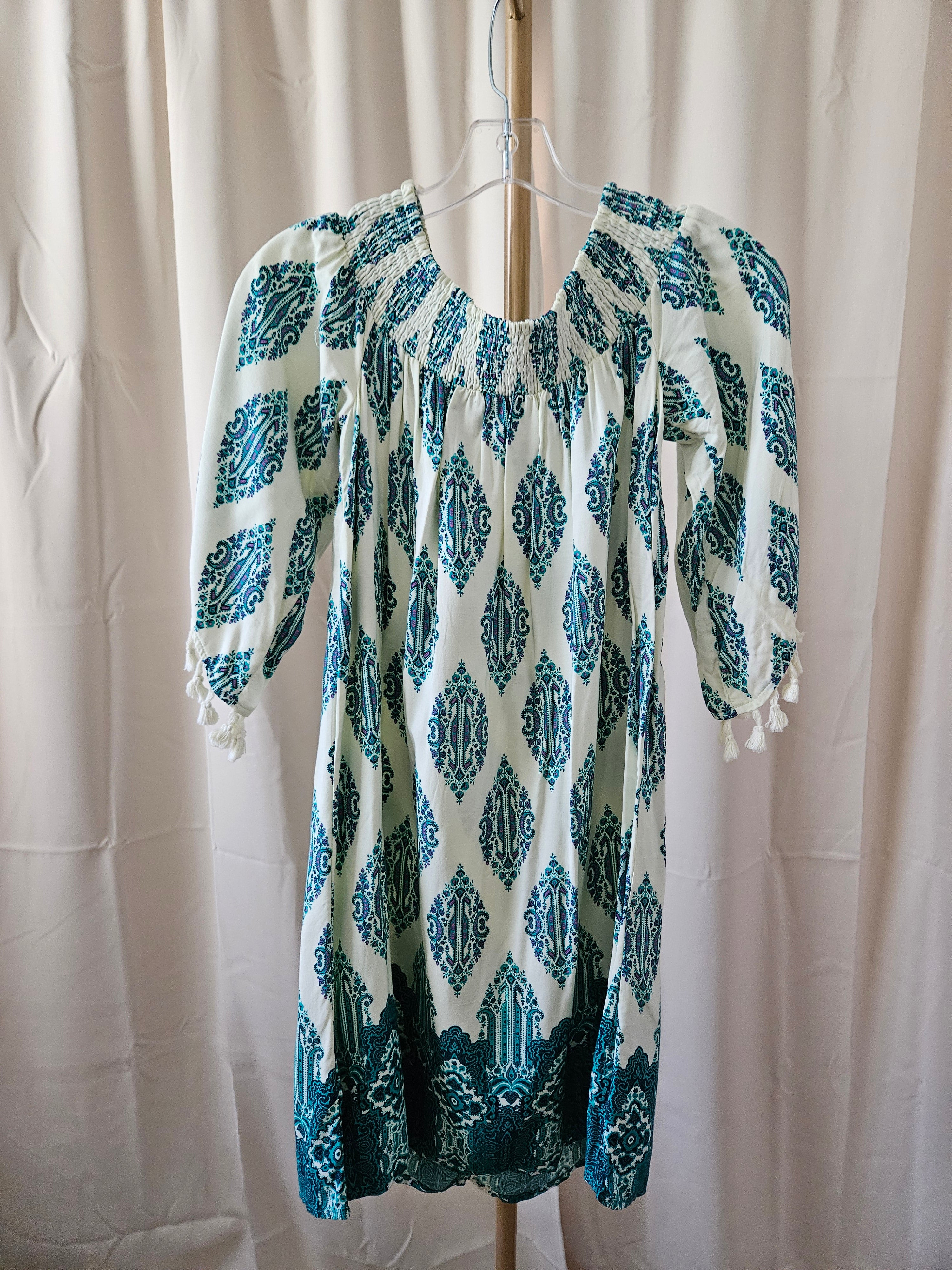 Love Fire Turquoise & Cream Boho Smocked Mini Dress Tassel Sleeves XS