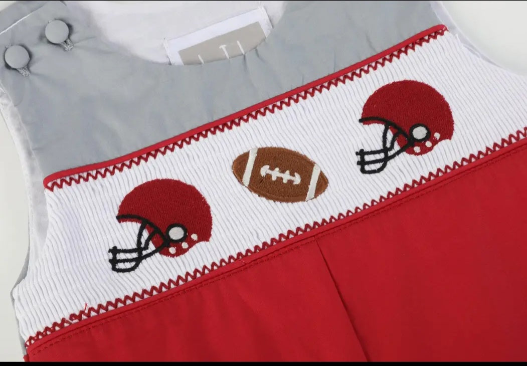 Lil' Cactus Red and Gray Football Smocked Overalls Sz 12-18M