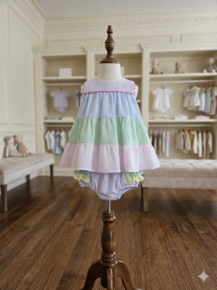 The Yellow Lamb Pastel Seersucker 2pc Set Ruffle Bloomers Sz 24M 💕