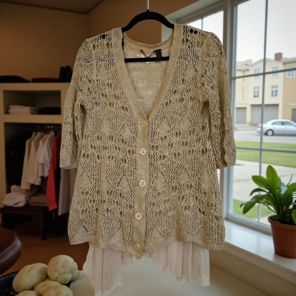 BKE Crochet Button Up Sweater with lace and Shear accent in back Size Small