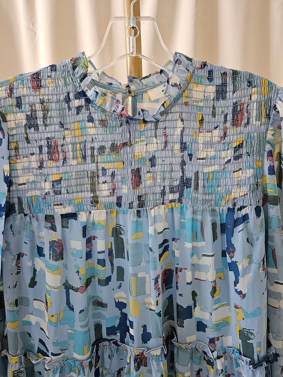 Entro Light Blue Abstract Print Smocked Tiered Dress Size Medium