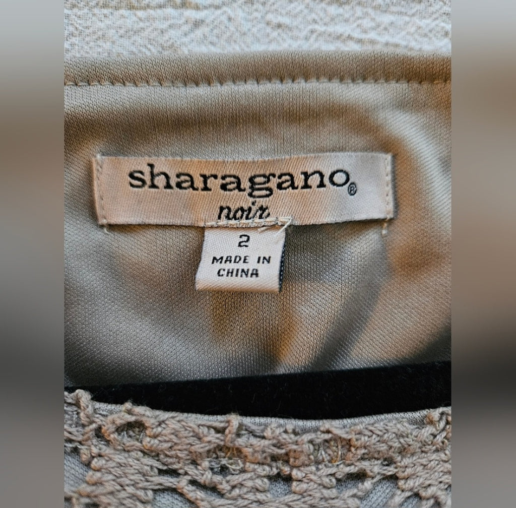 Sharagano Crochet Overlay 3/4 Bell Sleeve Dress in Tan With Accent Belt Sz 2