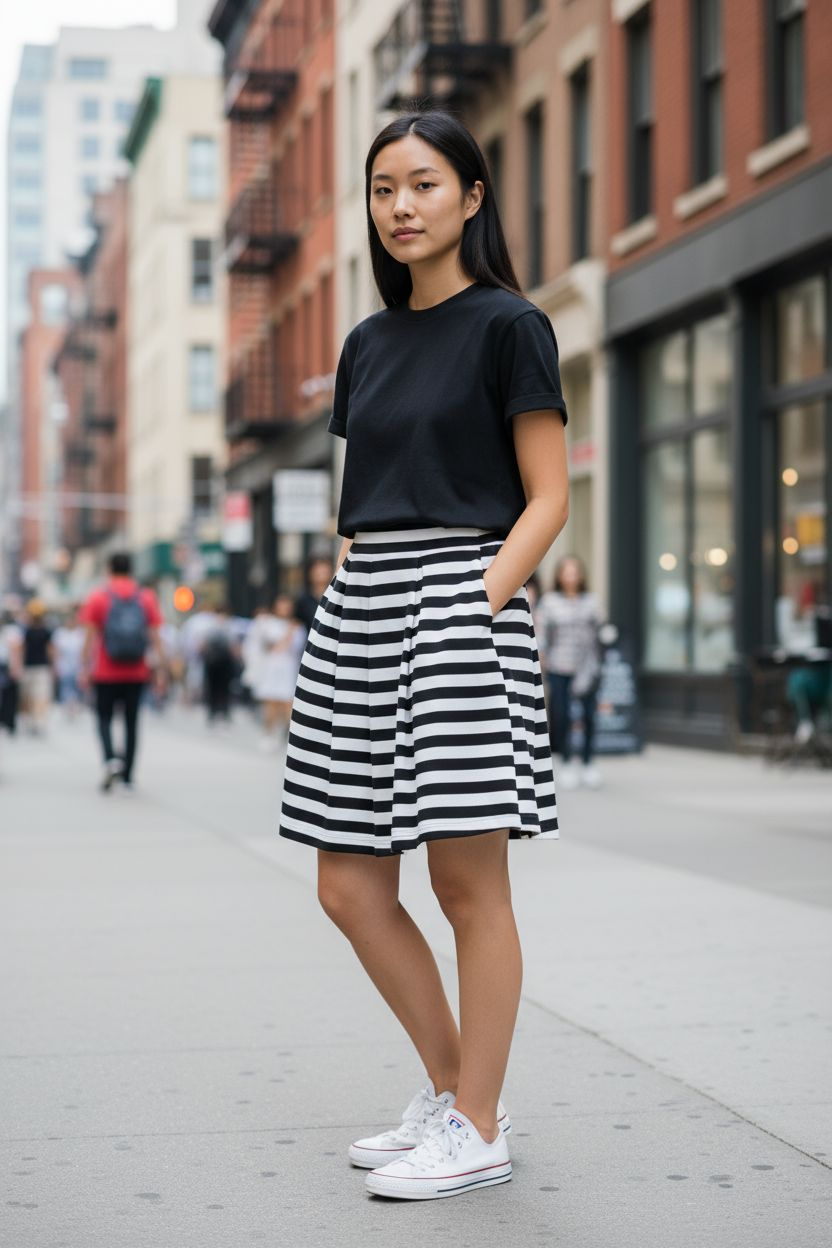 Faith and Joy Pleated Blk & White Skirt, Side Zip Size Large