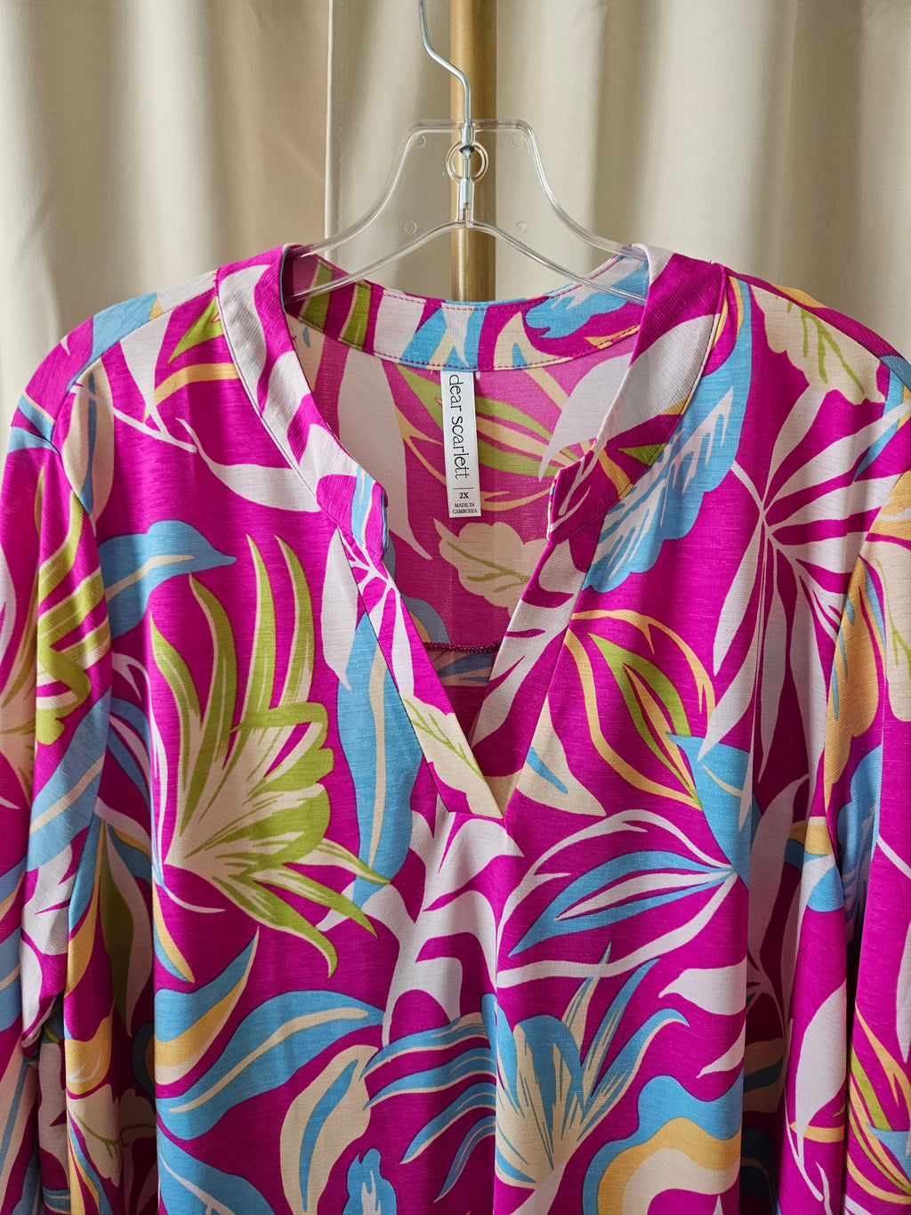 Dear Scarlett Floral V-Neck Blouse 3/4 Sleeve Fuchsia Green Blue Size 2XL
