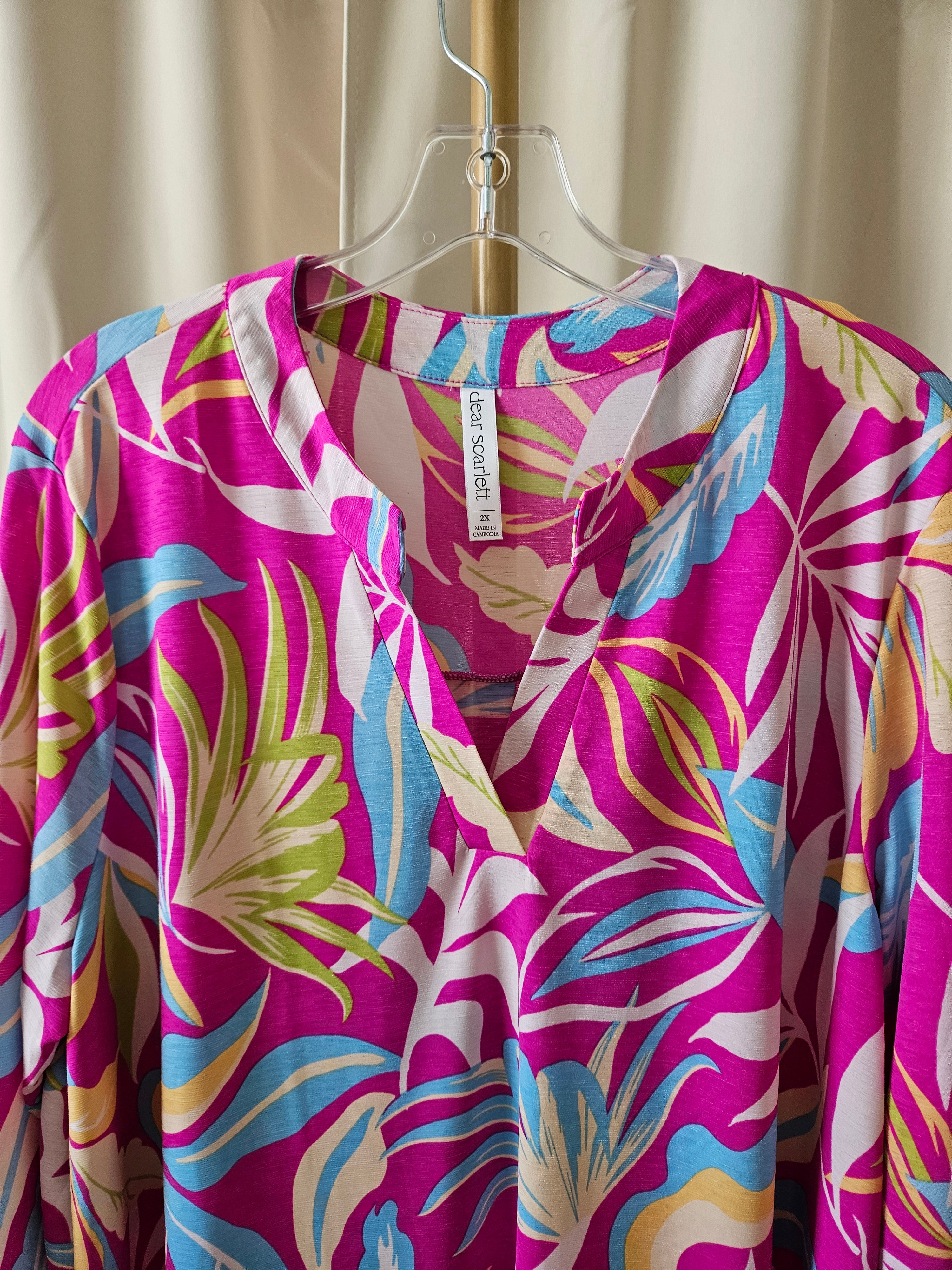Dear Scarlett Floral V-Neck Blouse 3/4 Sleeve Fuchsia Green Blue Size 2XL