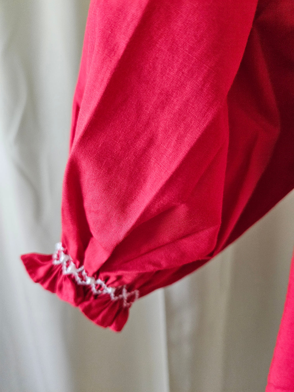 Love Me Red Smocked Bishop Dress with Pearls | Long Puff Sleeves |