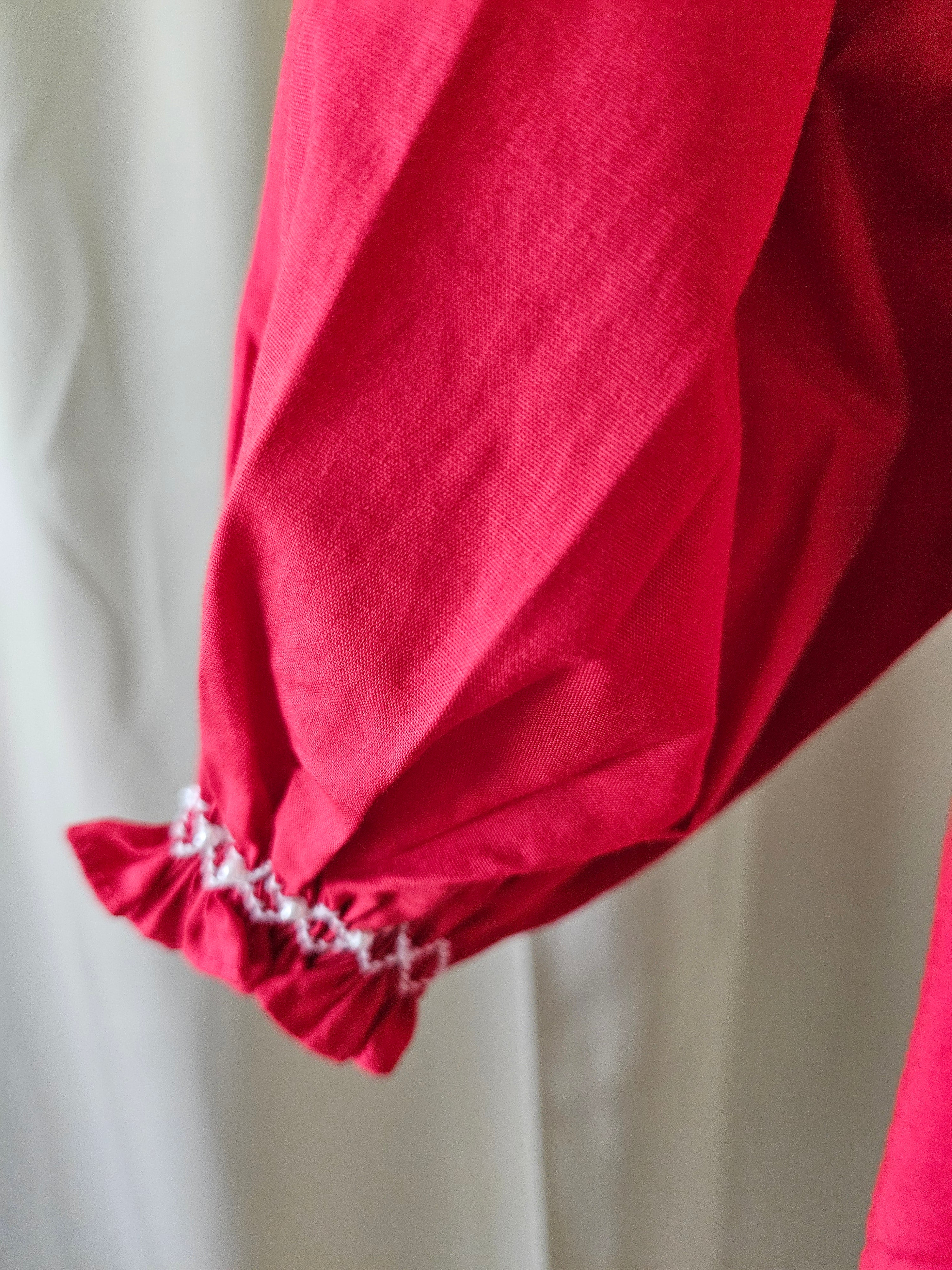 Love Me Red Smocked Bishop Dress with Pearls | Long Puff Sleeves |