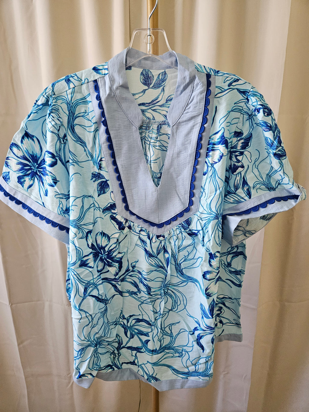 Lovesoft Floral V-Neck Blouse w/ Rick Rack Trim