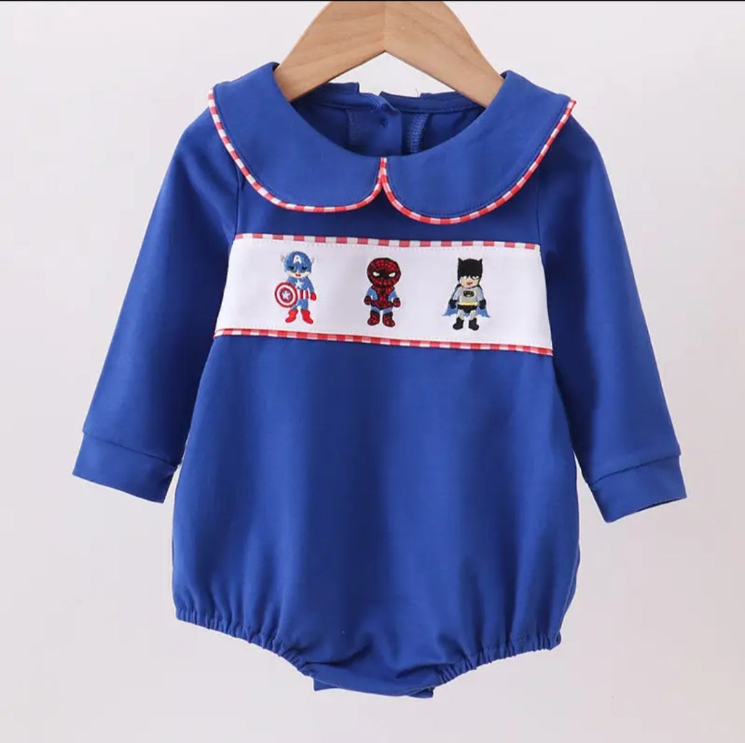 Abby & Evie Blue Kids One Piece with Superhero Design Sz 18M