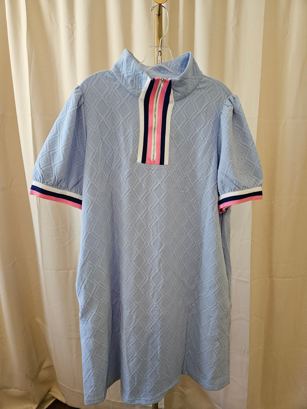 Lovesoft Beau Blue Textured Dress Contrast Pink & Navy Trim Puff Sleeve