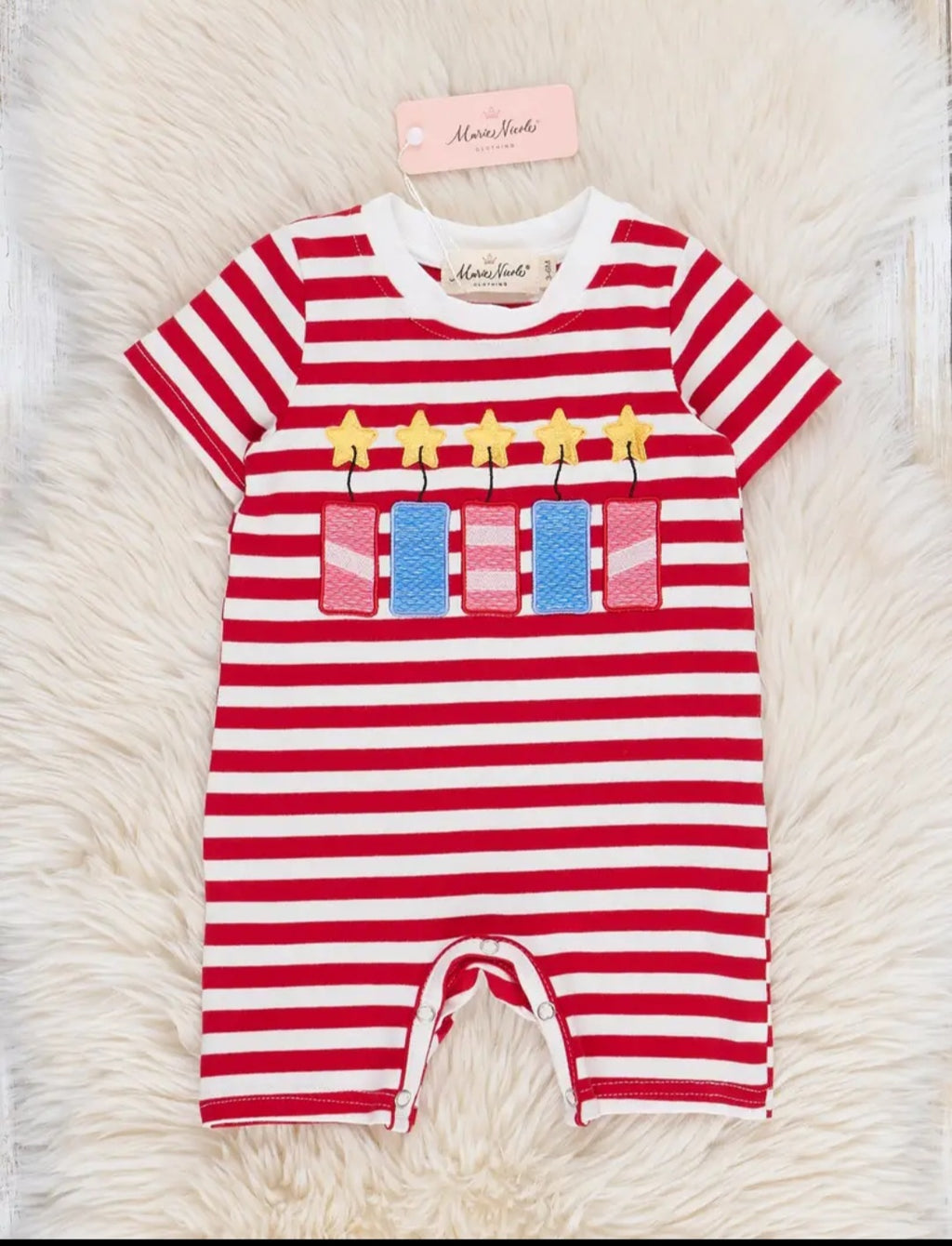 Marie Nicole Embroidered Fireworks Ringer Romper Sz 3-6M