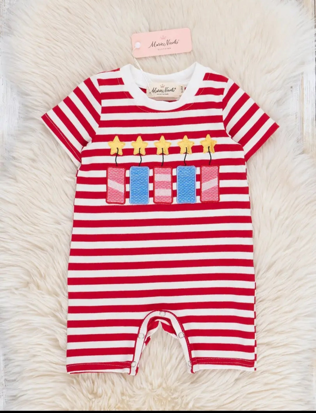 Marie Nicole Embroidered Fireworks Ringer Romper Sz 3-6M