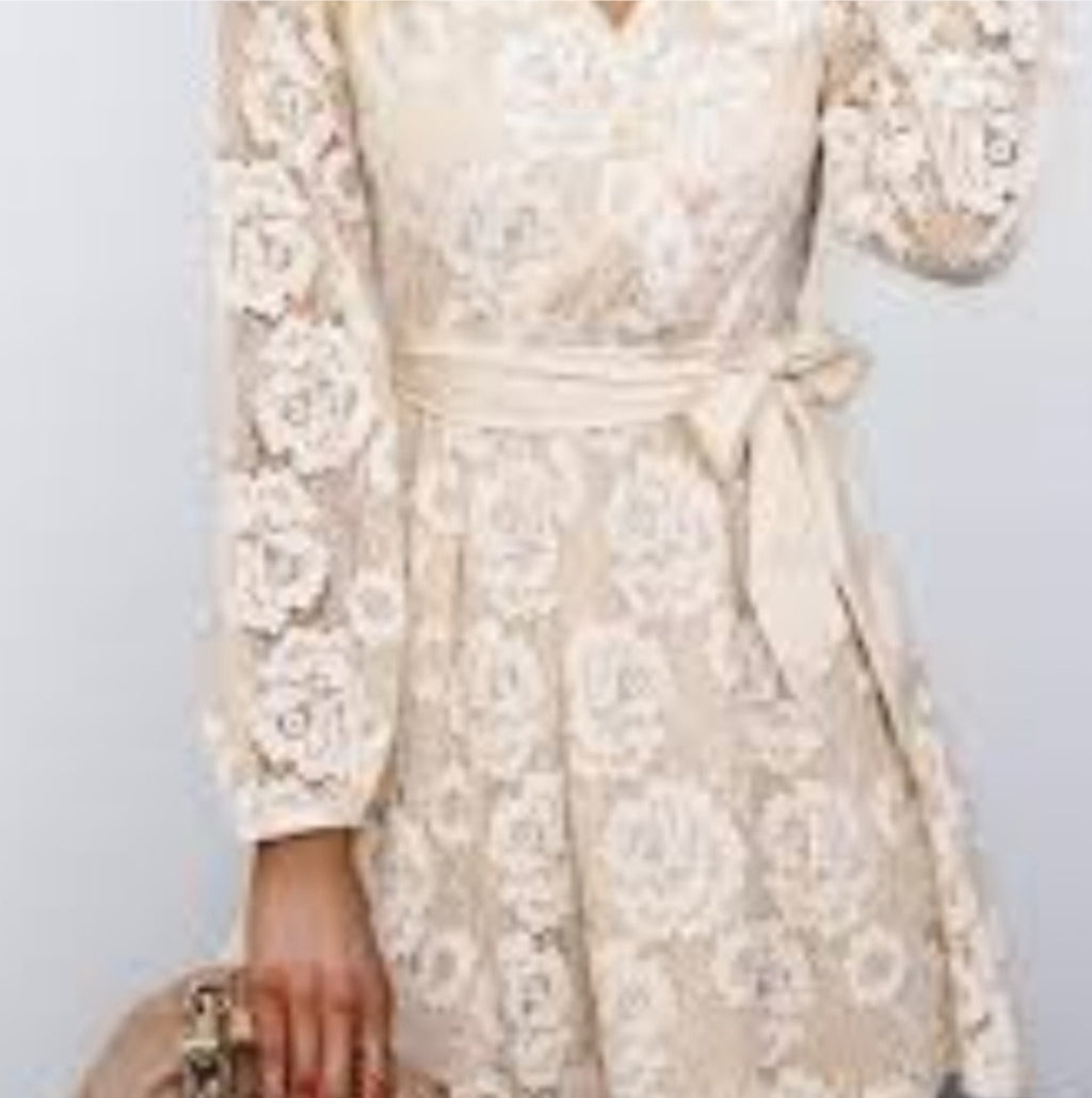 Apricot Crochet Lace Belted V-Neck Wrap Mini Dress Size Small.