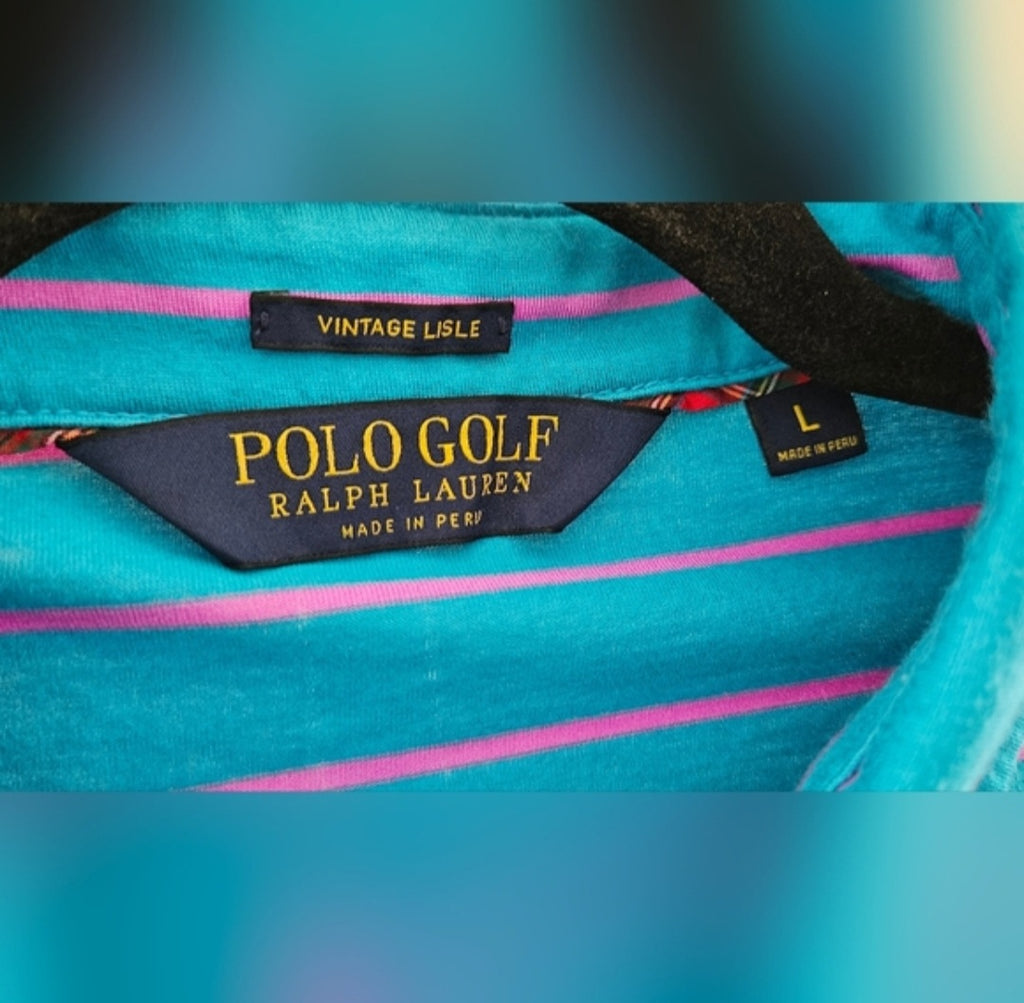 Polo Golf Ralph Lauren Teal Blue and Pink Striped Polo Shirt Size Large