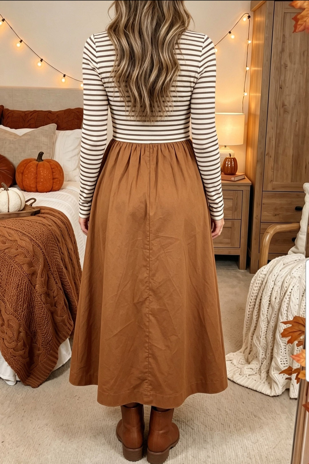 Brown Stripe Ribbed Knit Long Sleeve Bodice Contrast Patchwork Flared Dress  In Stock