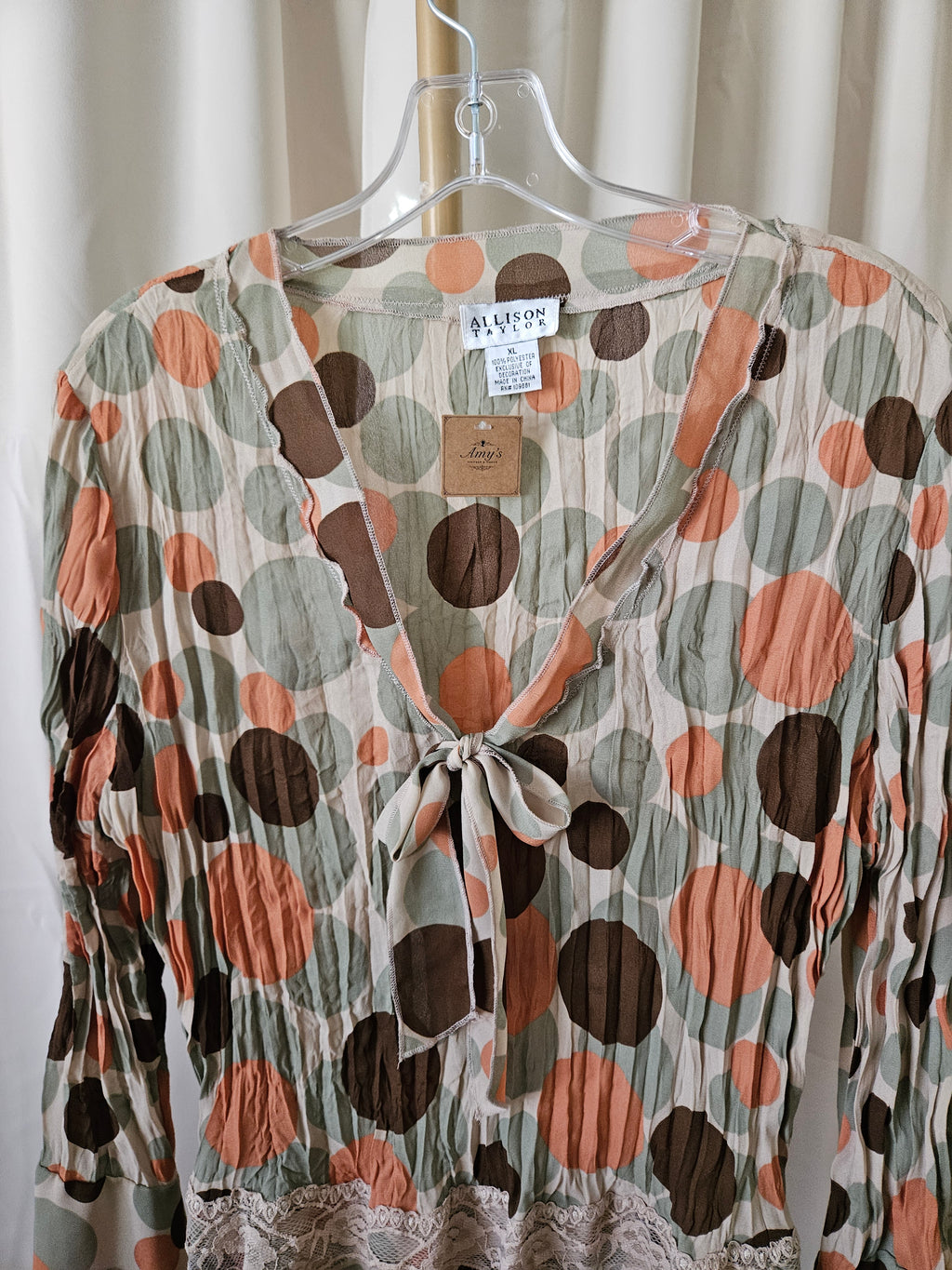 Allison Taylor Earthtone Polka Dot Sheer Blouse Bell Sleeve Lace Tie Top XL