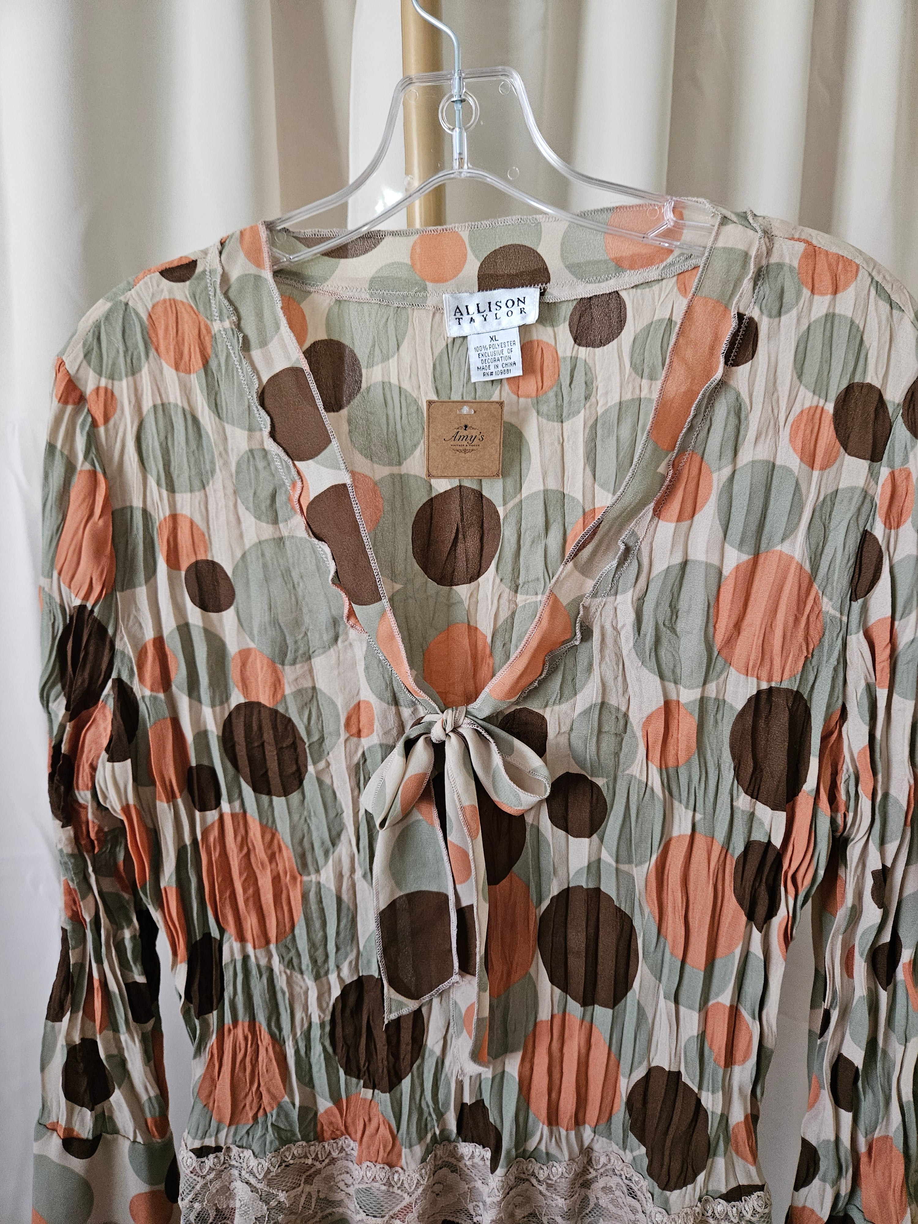 Allison Taylor Earthtone Polka Dot Sheer Blouse Bell Sleeve Lace Tie Top XL