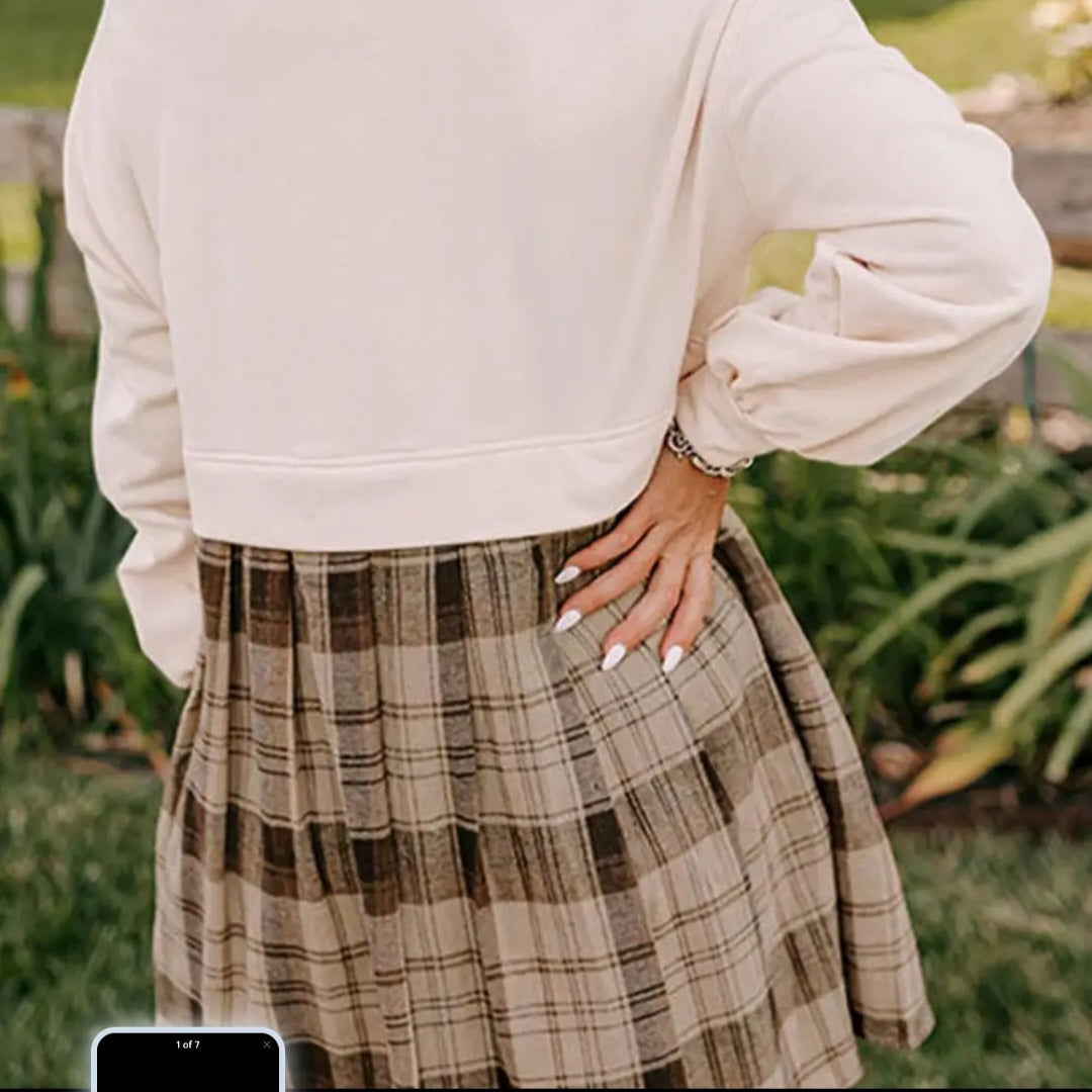 Lovesoft Beige Plaid Patchwork High Waist Sweatshirt Mini Dress Sz Sm