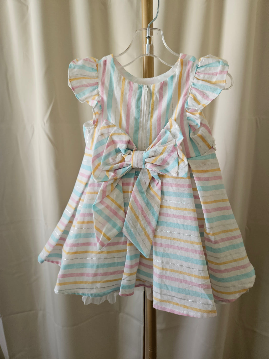 Rare Editions Pastel Striped Linen-Look Dress w/ Bow & Bloomers (24M)
