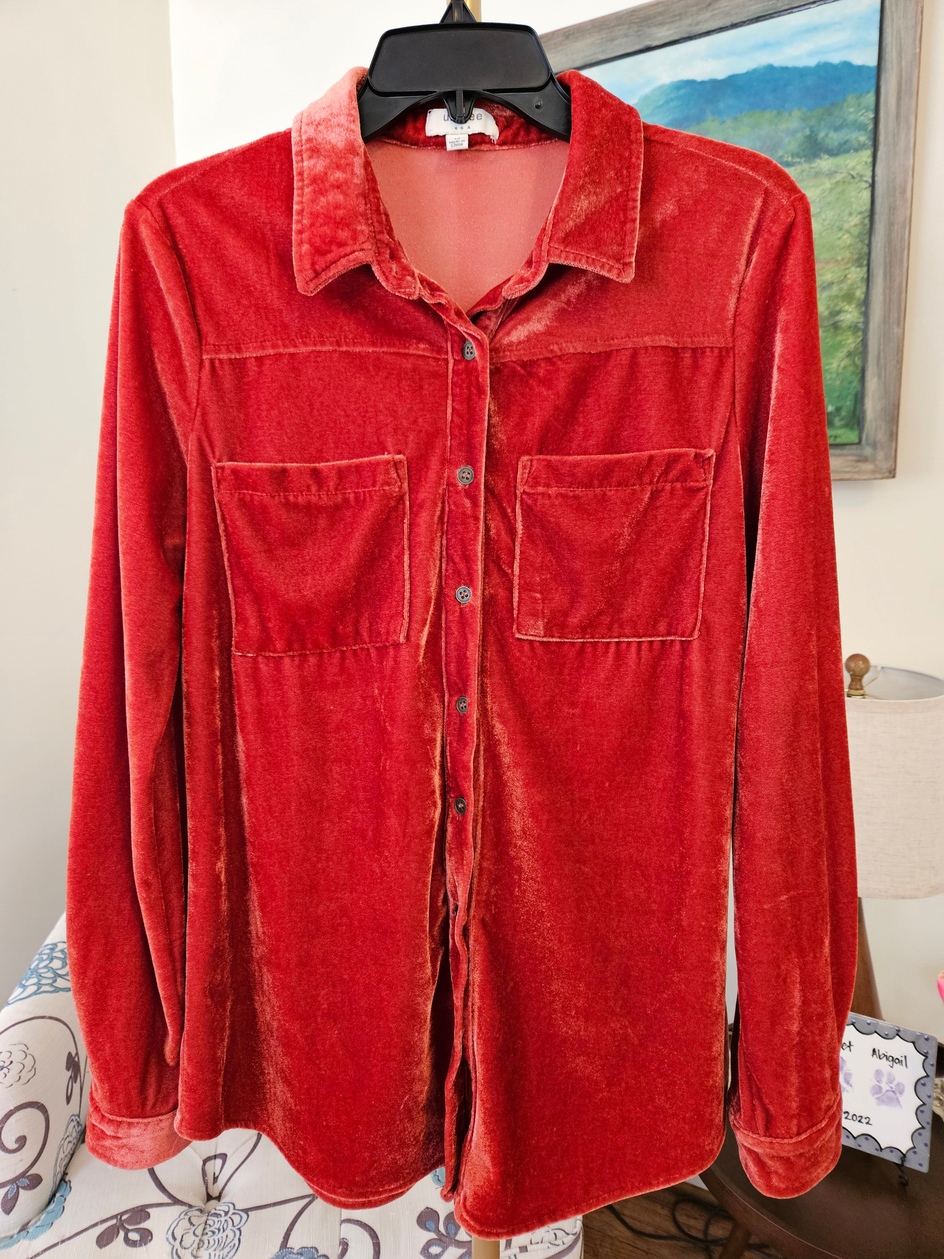 Umgee Velour Button-Down Shirt - Deep Orange Sz M