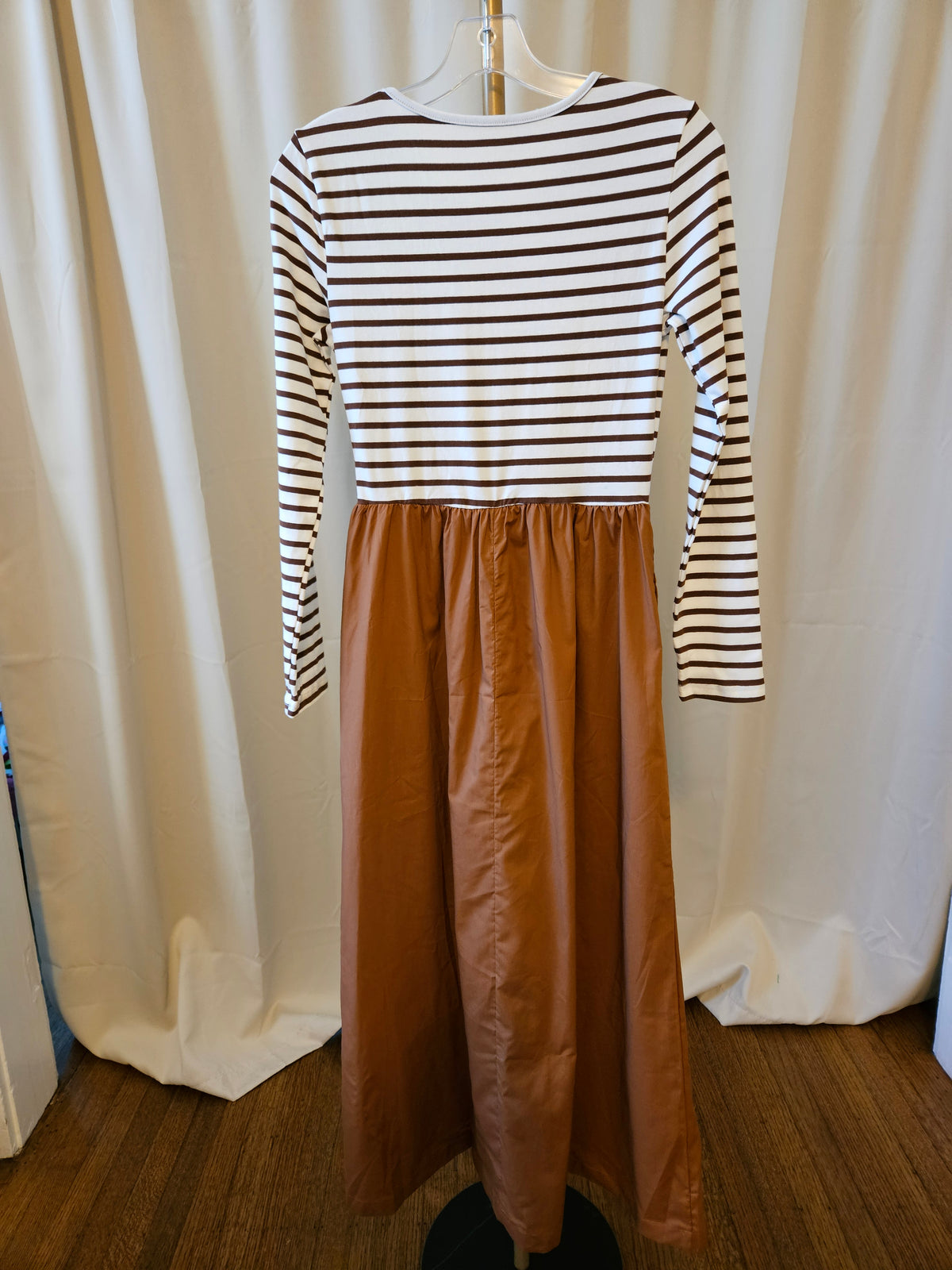 Brown Stripe Ribbed Knit Long Sleeve Bodice Contrast Patchwork Flared Dress  In Stock