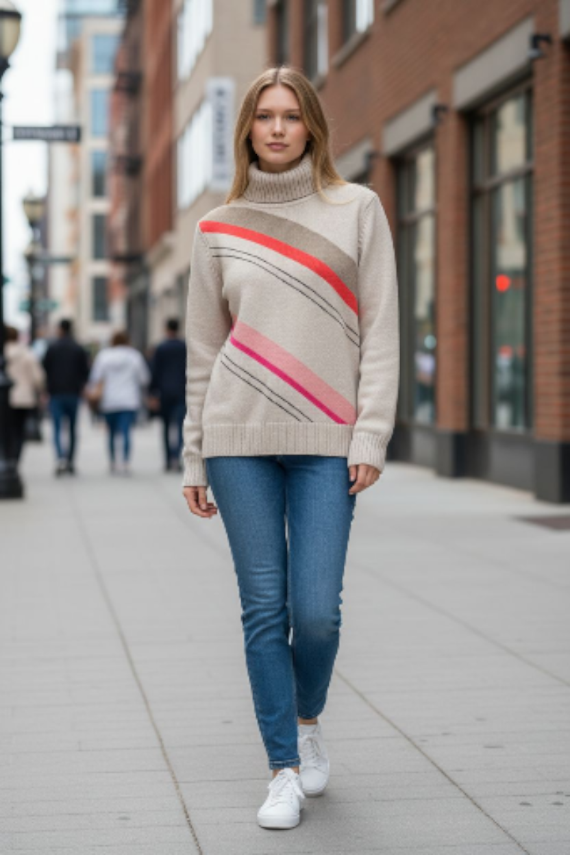 Liz Claborne Beige Striped Turtleneck Sweater Sz Sm